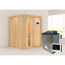 Sauna aus hellem Holz mit Saunaofen