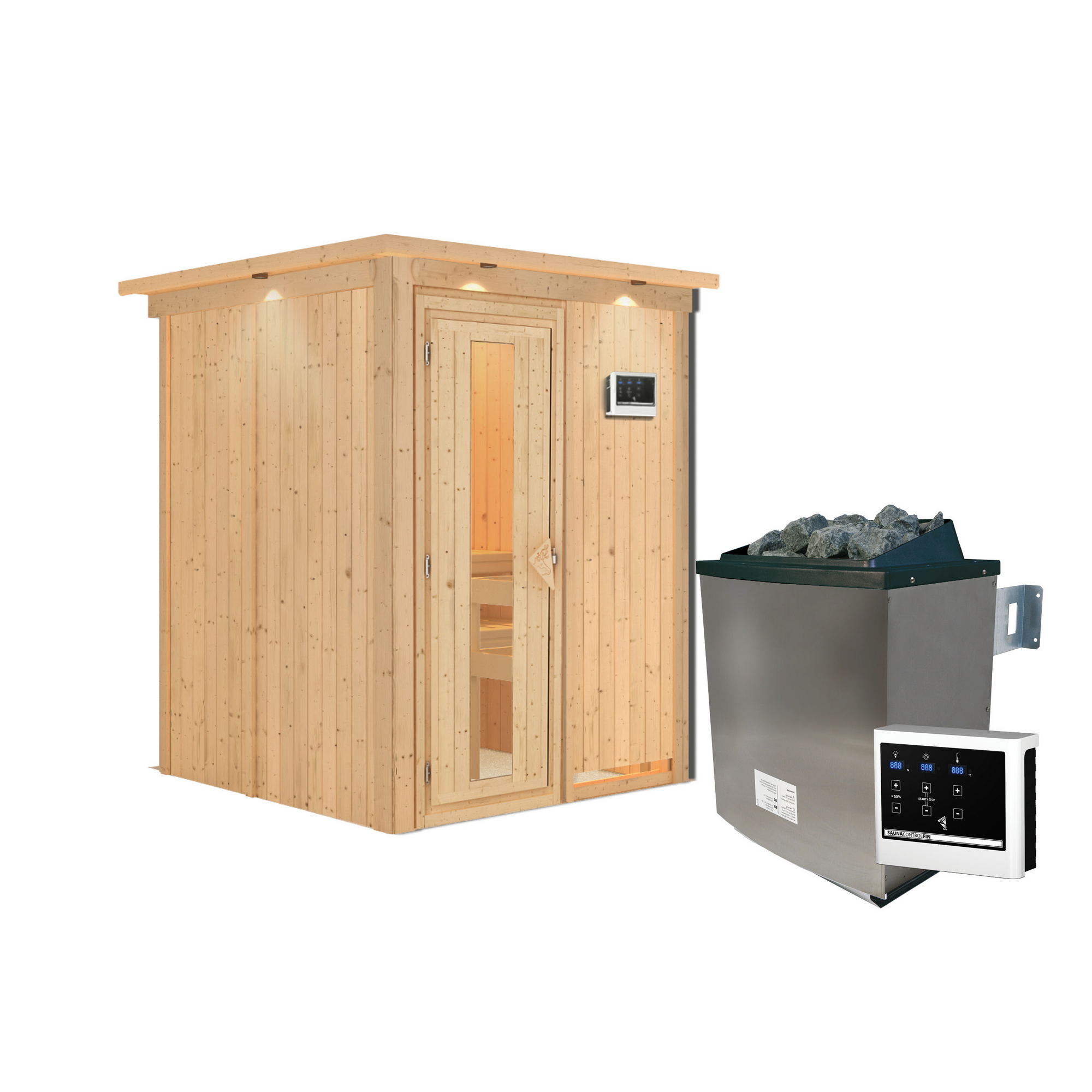 Außenansicht einer Sauna aus hellem Holz mit Saunaofen