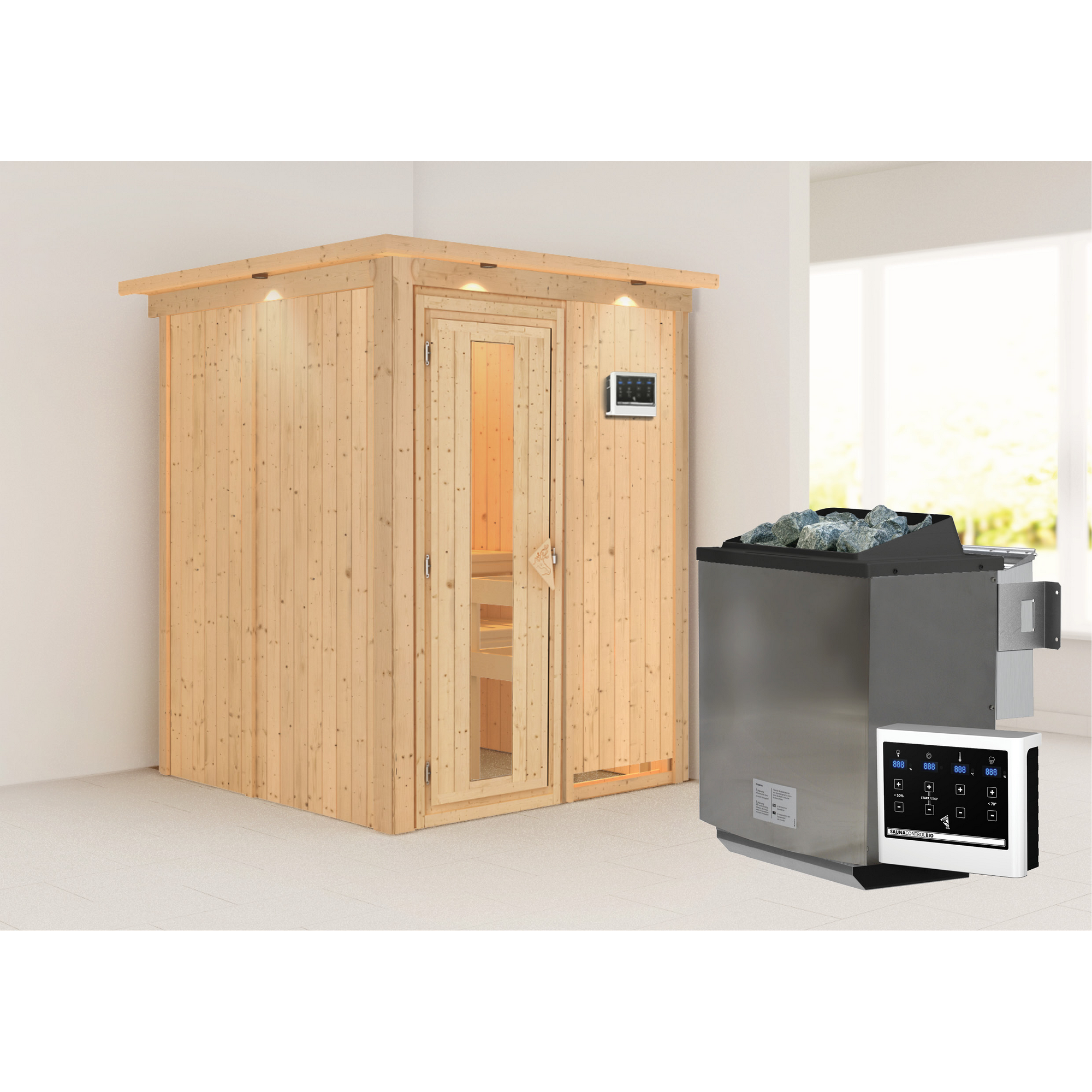 Elementsauna 'Abril' naturbelassen mit Energiespartür und Kranz 9 kW Bio-Ofen externe Steuerung Easy 165 x 165 x 202 cm
