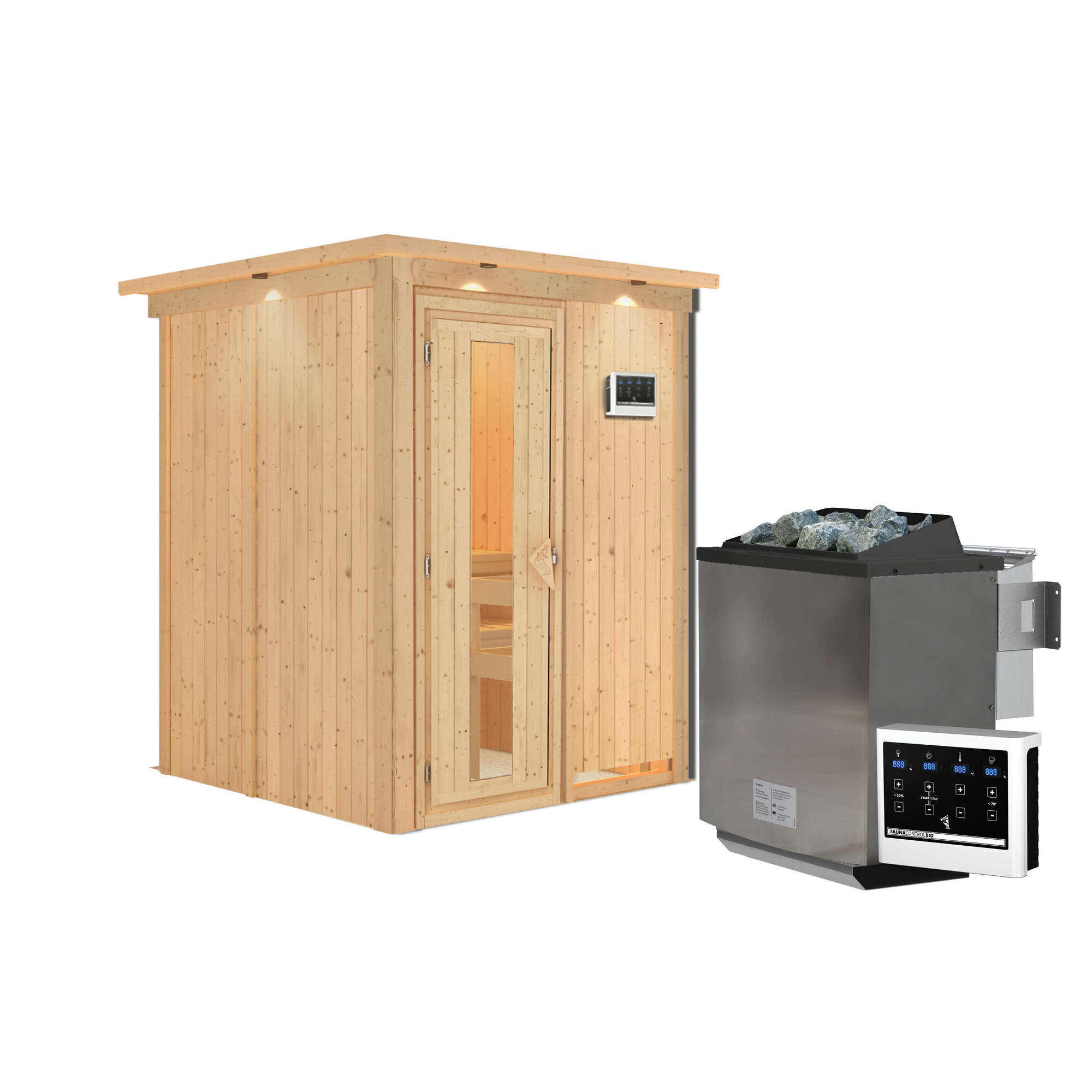Elementsauna 'Abril' naturbelassen mit Energiespartür und Kranz 9 kW Bio-Ofen externe Steuerung Easy 165 x 165 x 202 cm