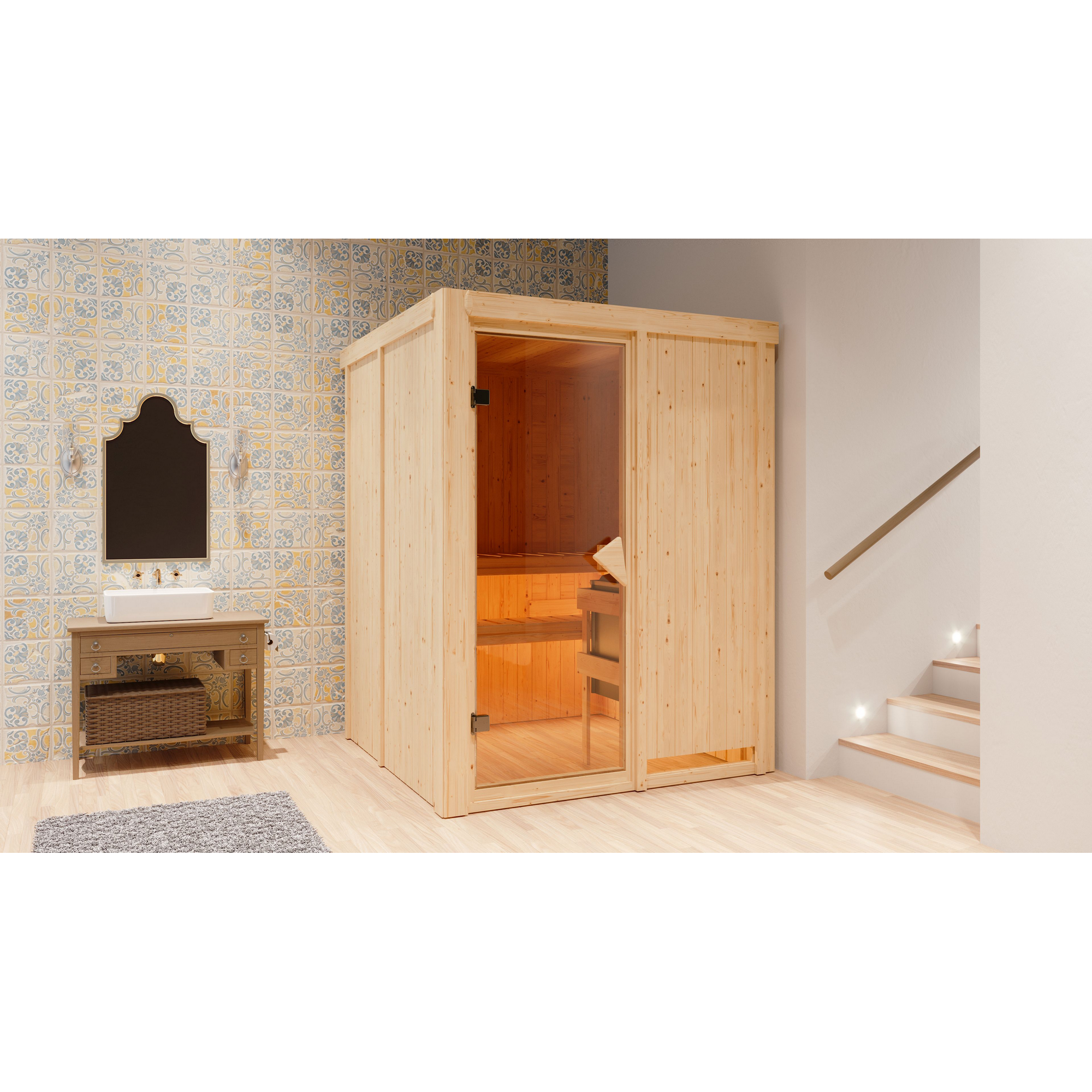 Elementsauna 'Abril' naturbelassen 9 kW Ofen Edelstahl externe Steuerung Easy 151 x 151 x 198 cm + product picture