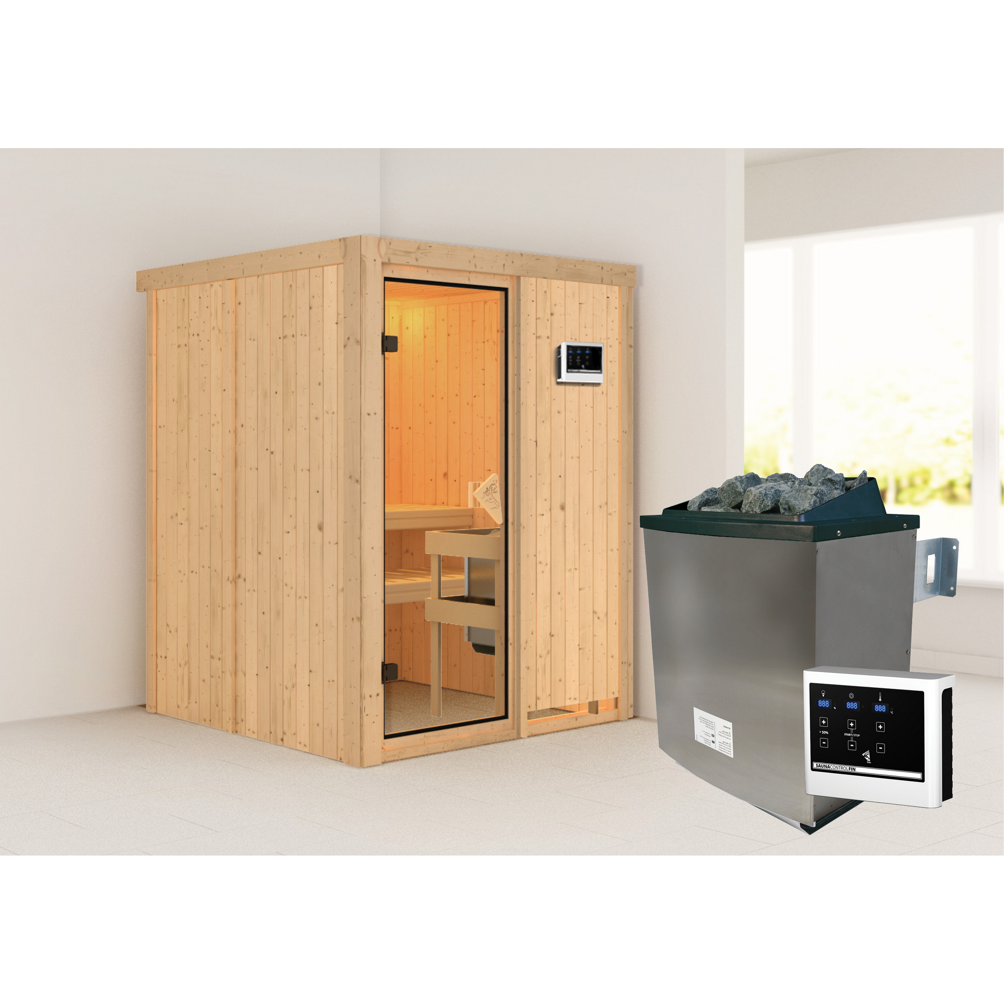 Elementsauna 'Abril' naturbelassen 9 kW Ofen Edelstahl externe Steuerung Easy 151 x 151 x 198 cm + product picture