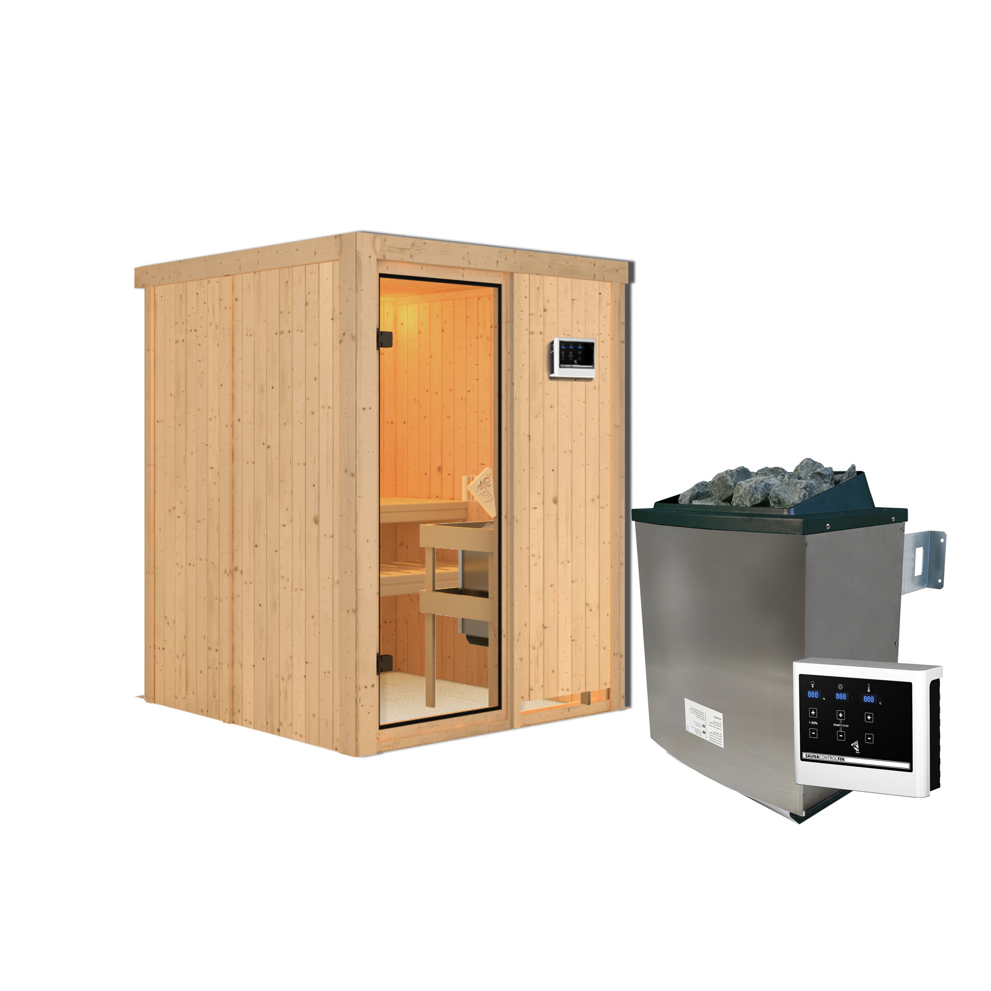 Elementsauna 'Abril' naturbelassen 9 kW Ofen Edelstahl externe Steuerung Easy 151 x 151 x 198 cm + product picture