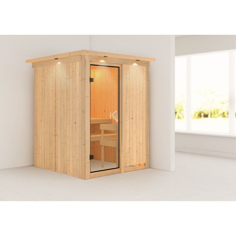 Elementsauna 'Abril' naturbelassen mit bronzierter Tür und Kranz 165 x 165 x 202 cm