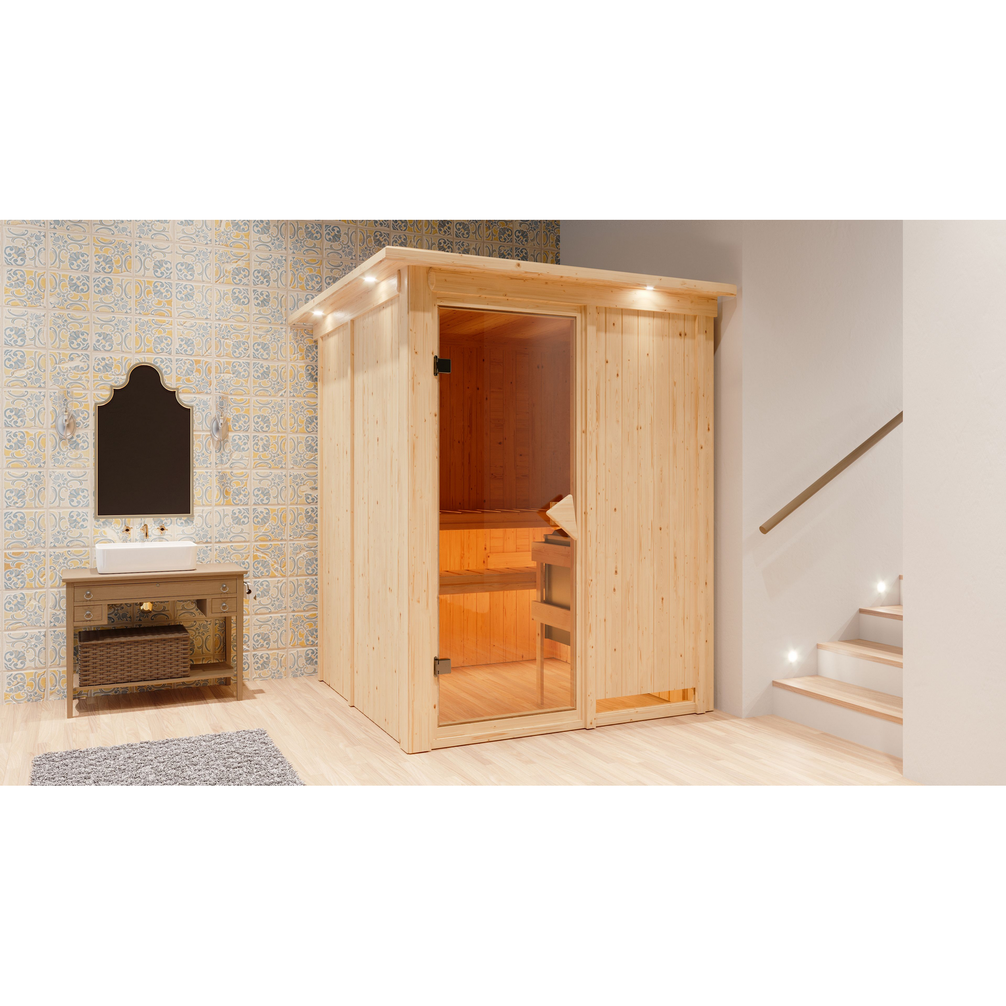 Elementsauna 'Abril' naturbelassen mit Kranz 9 kW Ofen Edelstahl externe Steuerung Easy 165 x 165 x 202 cm + product picture