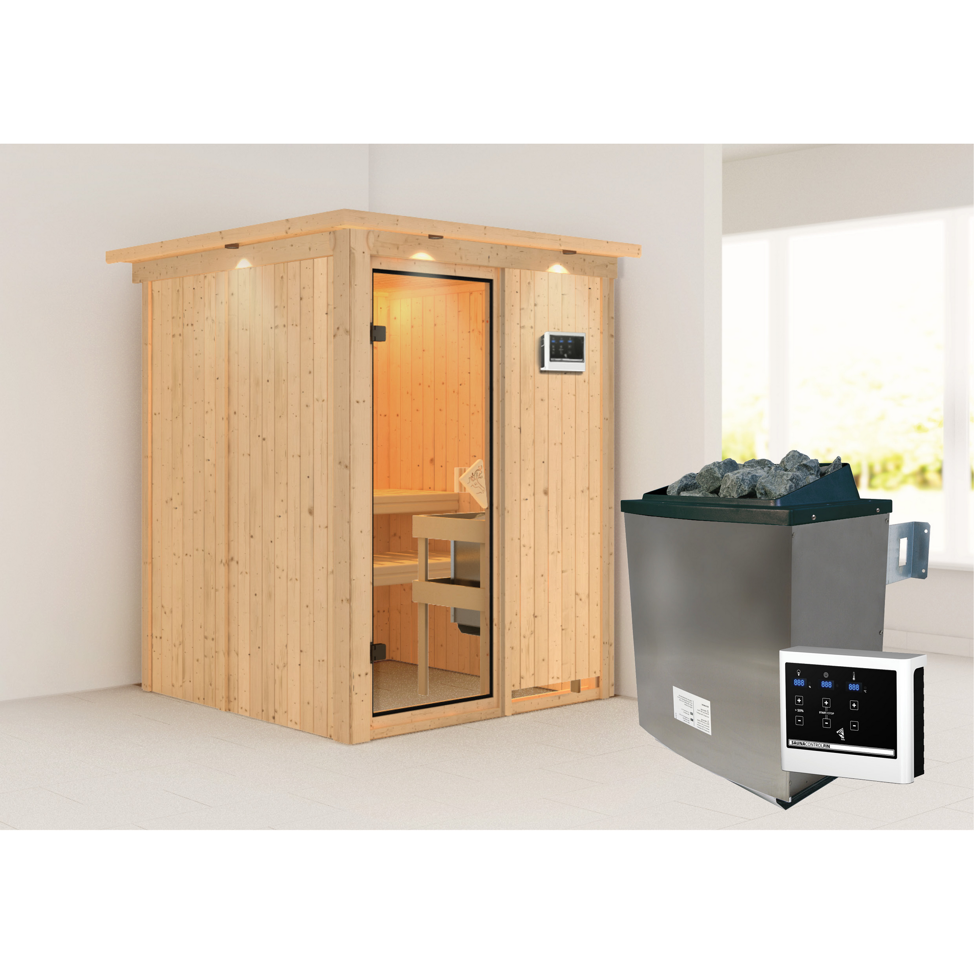 Elementsauna 'Abril' naturbelassen mit Kranz 9 kW Ofen Edelstahl externe Steuerung Easy 165 x 165 x 202 cm + product picture