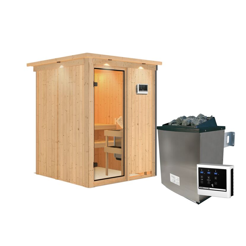 Außenansicht einer Sauna aus Holz mit Saunaofen