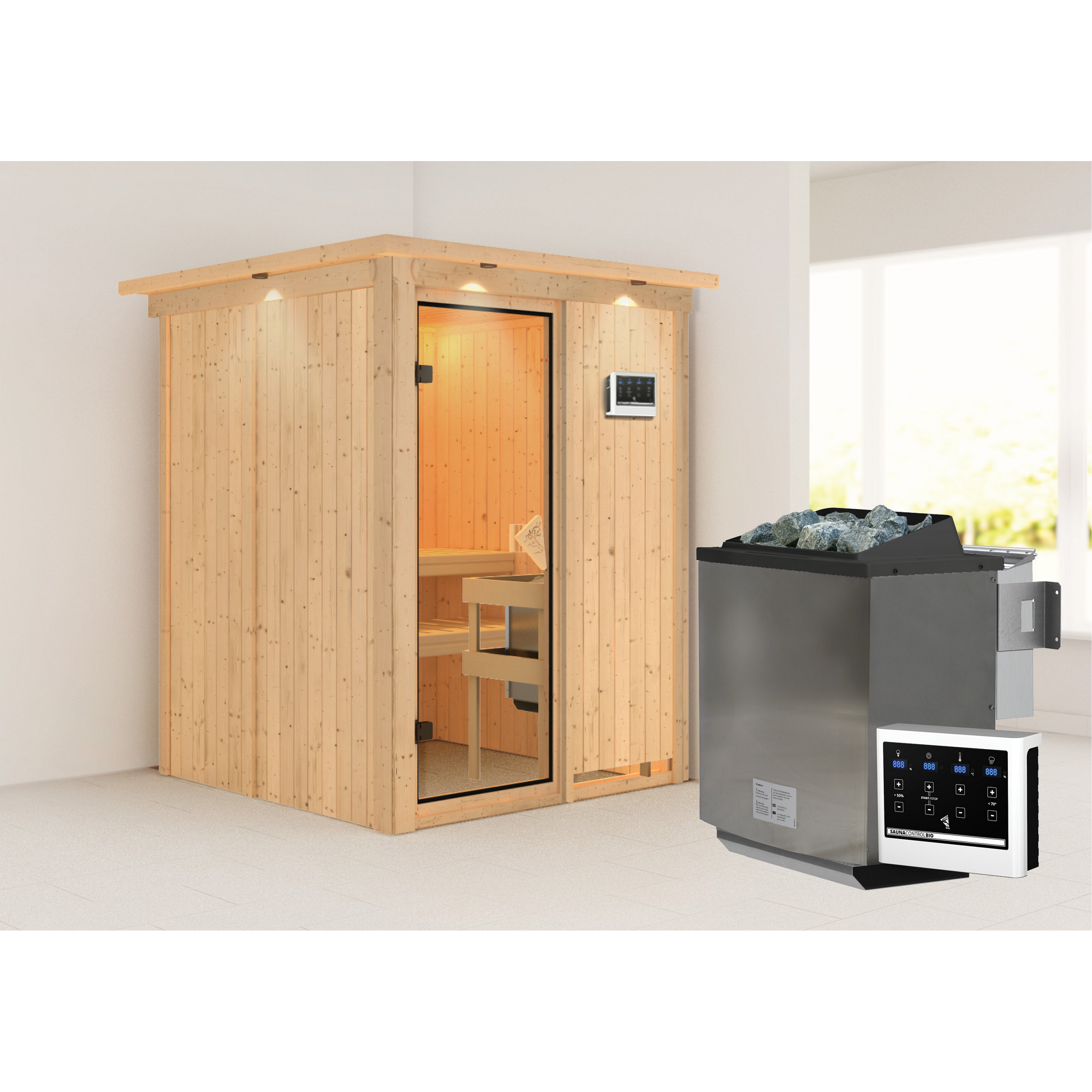 Sauna aus hellem Holz mit Saunaofen