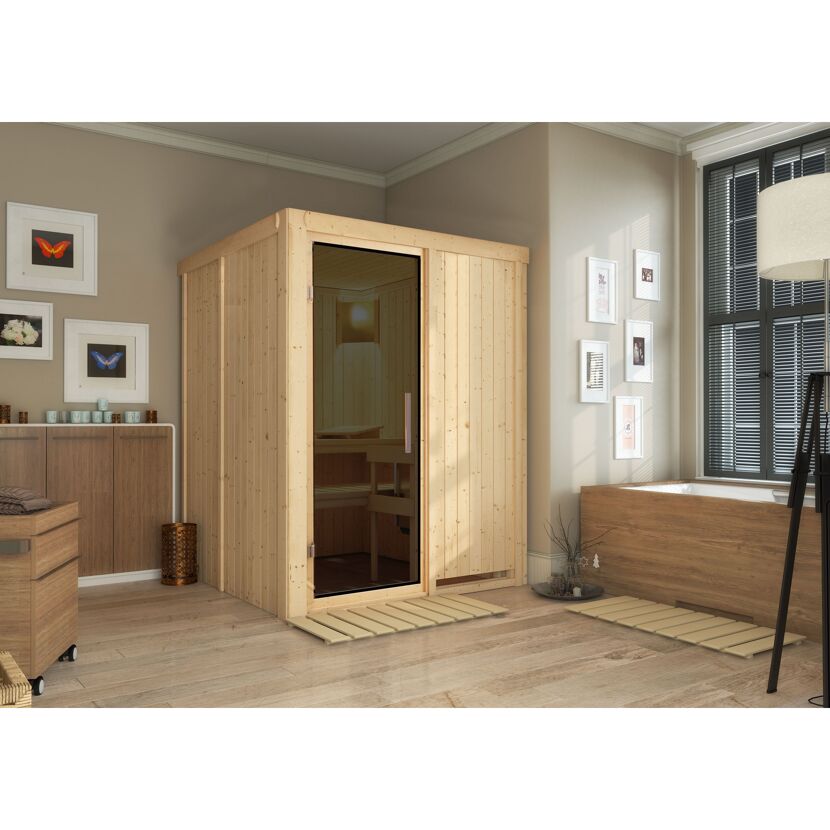 Elementsauna 'Abril' naturbelassen mit graphitfarbener Tür 151 x 151 x 198 cm