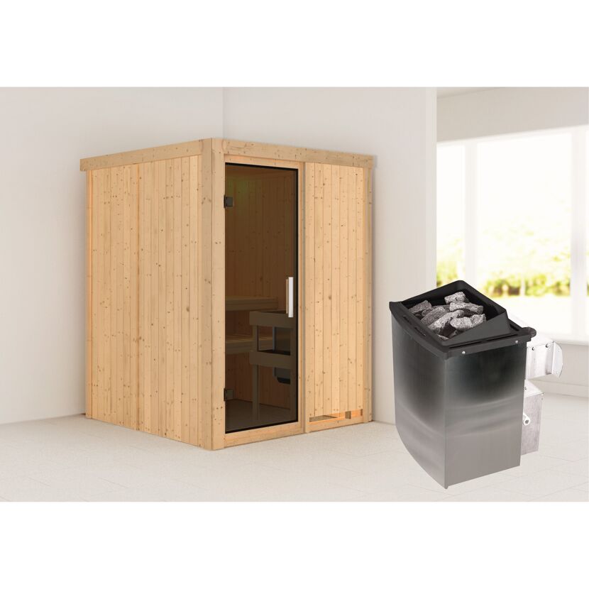 Sauna aus hellem Holz mit Saunaofen
