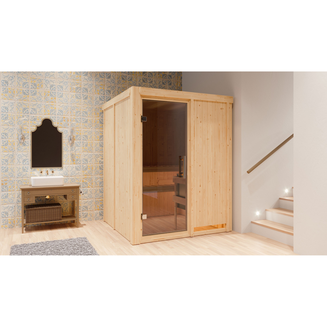 Bild von Elementsauna 'Abril' naturbelassen mit graphitfarbener Tür 9 kW Ofen externe Steuerung Easy 151 x 151 x 198 cm