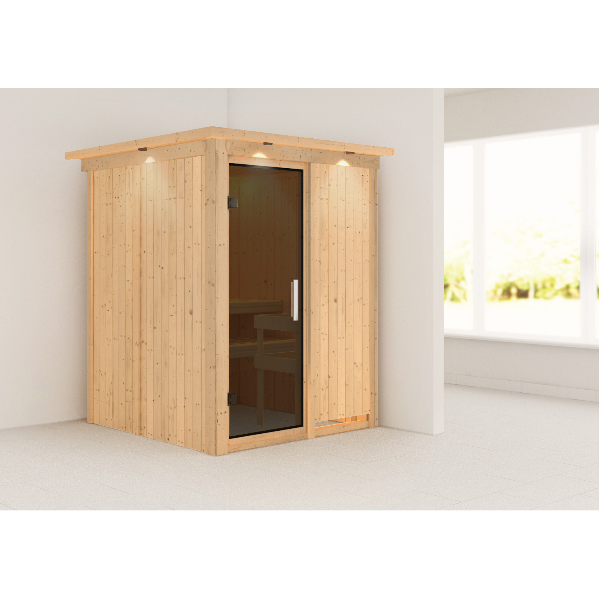 Elementsauna 'Abril' naturbelassen mit Kranz und graphitfarbener Tür 165 x 165 x 202 cm + product picture