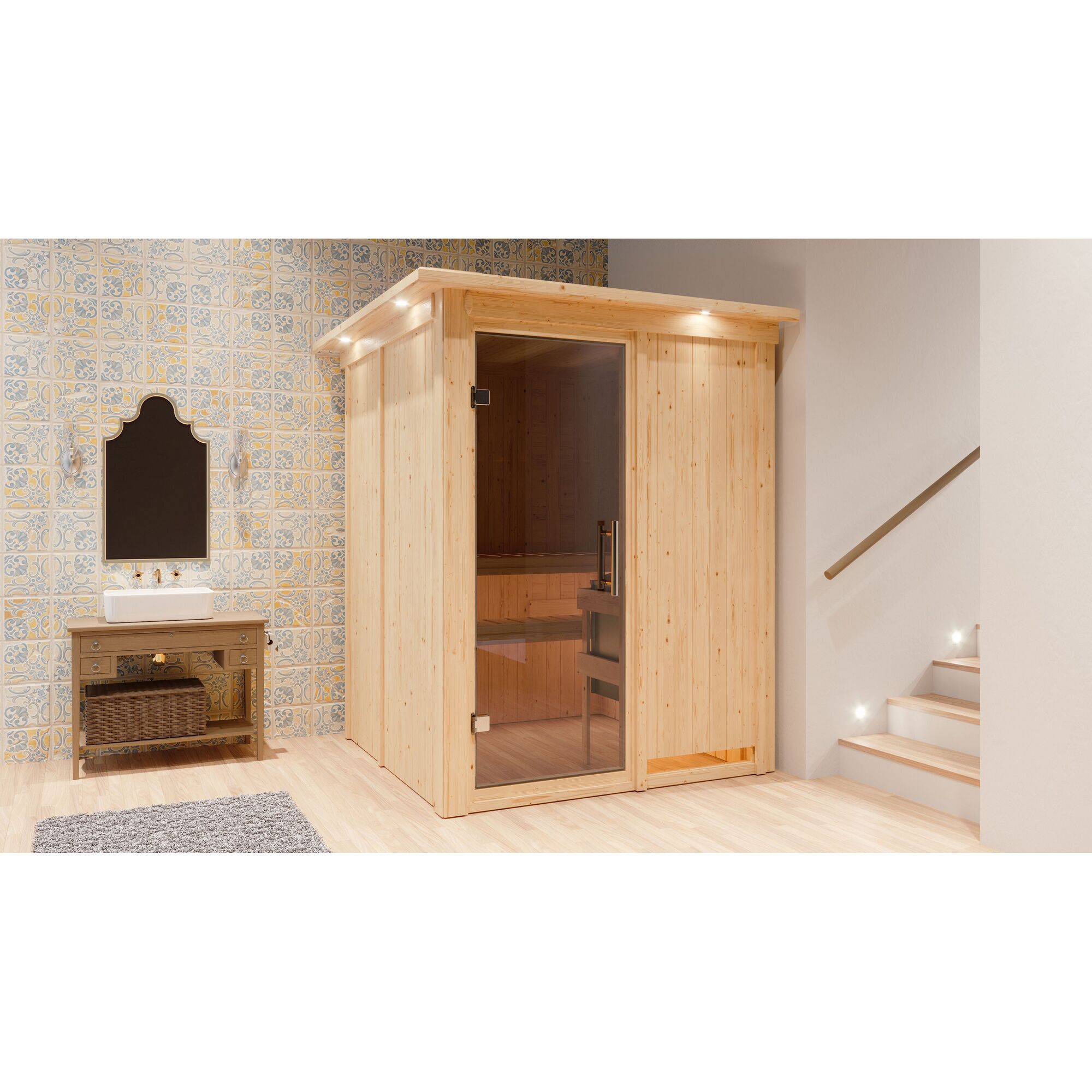 Sauna aus hellem Holz mit Glastür