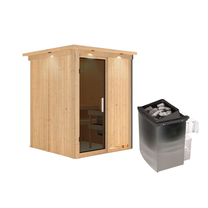 Außensauna aus Holz mit Saunaofen