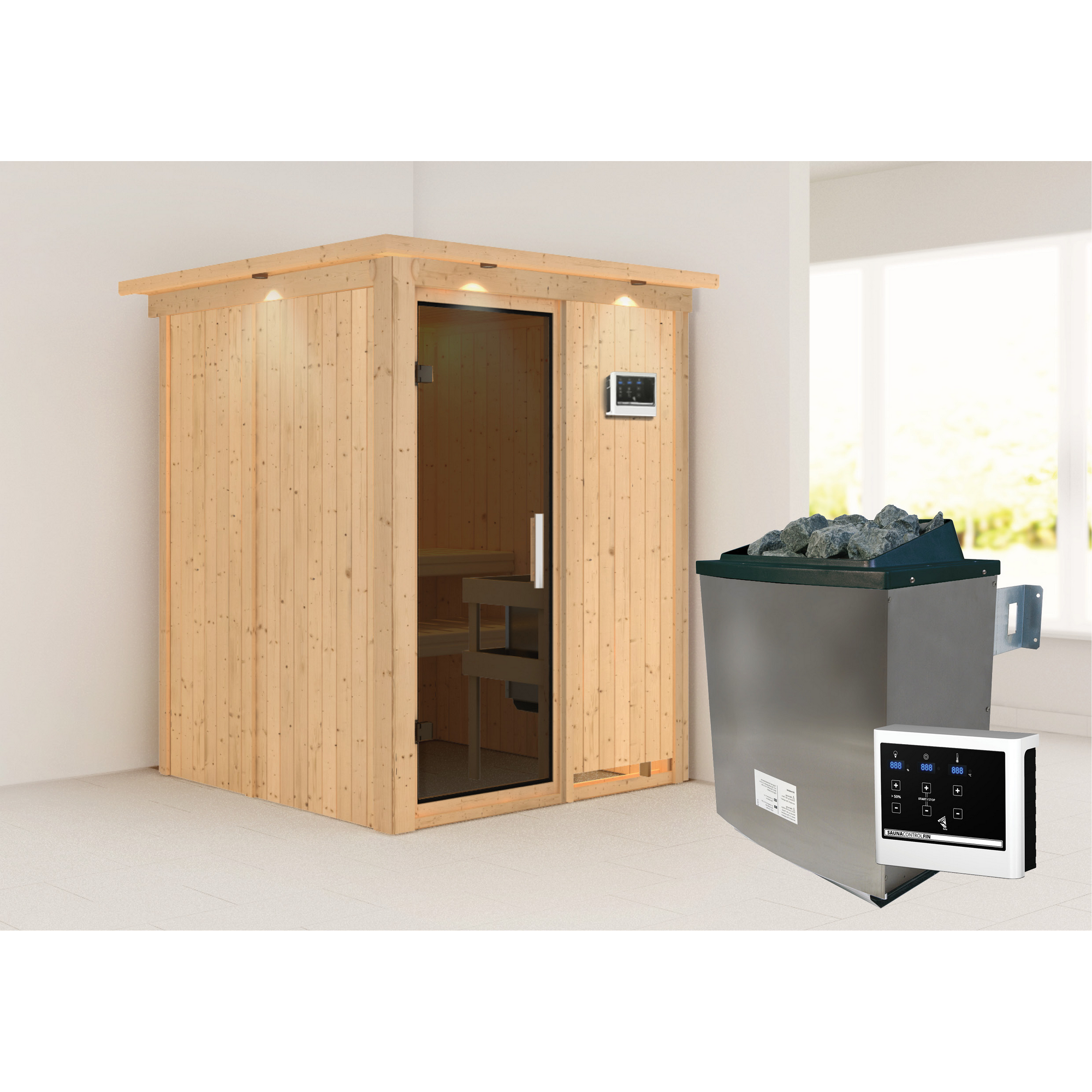 Elementsauna 'Abril' naturbelassen mit Kranz und graphitfarbener Tür 9 kW Ofen externe Steuerung Easy 165 x 165 x 202 cm + product picture