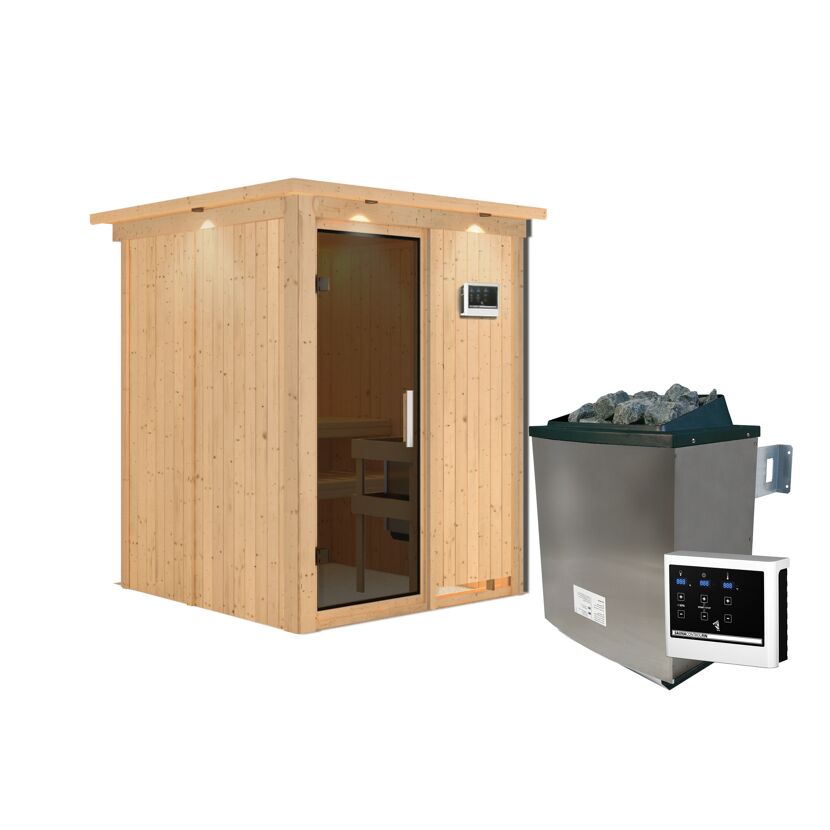 Außenansicht einer Sauna aus Holz mit Saunaofen