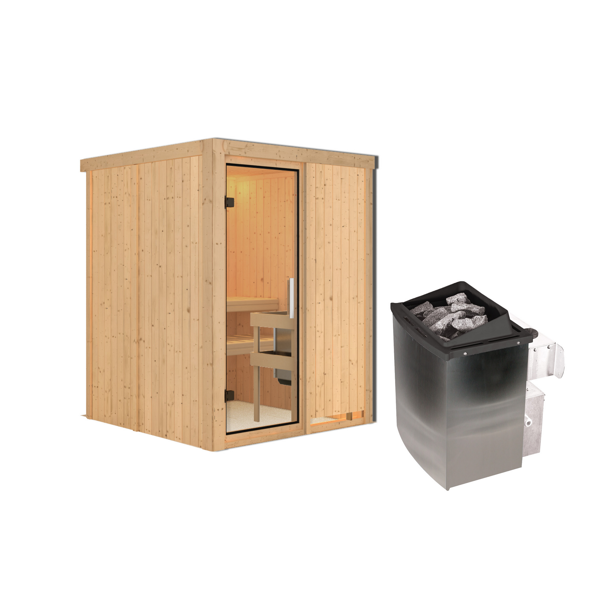 Außenansicht einer Sauna aus hellem Holz mit Saunaofen