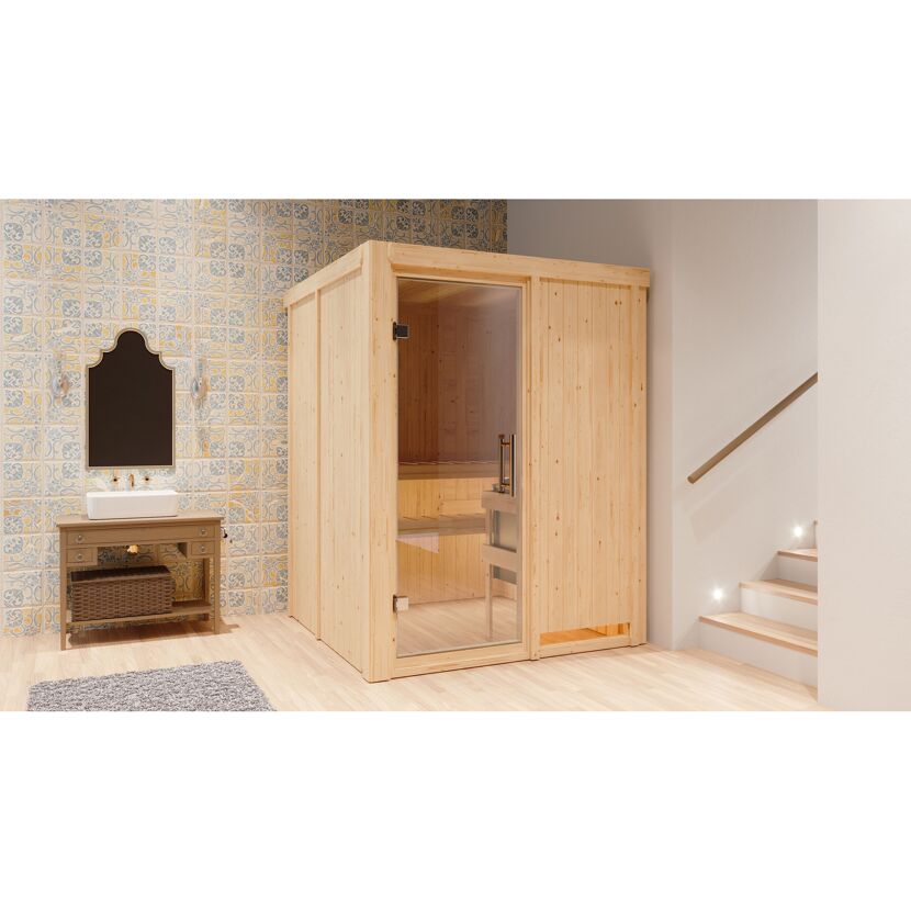 Elementsauna 'Abril' naturbelassen mit Klarglastür 9 kW Ofen externe Steuerung easy 151 x 151 x 198 cm