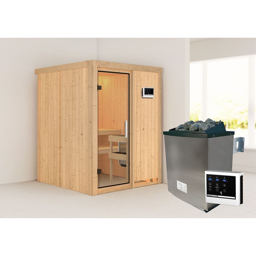 Elementsauna 'Abril' naturbelassen mit Klarglastür 9 kW Ofen externe Steuerung easy 151 x 151 x 198 cm