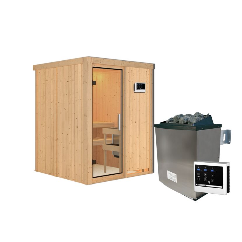 Elementsauna 'Abril' naturbelassen mit Klarglastür 9 kW Ofen externe Steuerung easy 151 x 151 x 198 cm