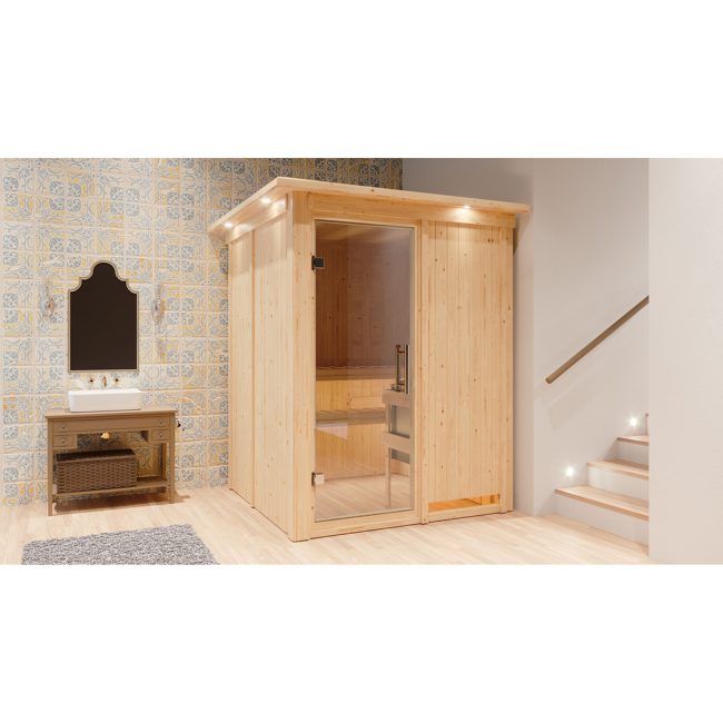 Bild von Elementsauna 'Abril' naturbelassen mit Klarglastür und Kranz 9 kW Bio-Ofen externe Steuerung easy 165 x 165 x 202 cm