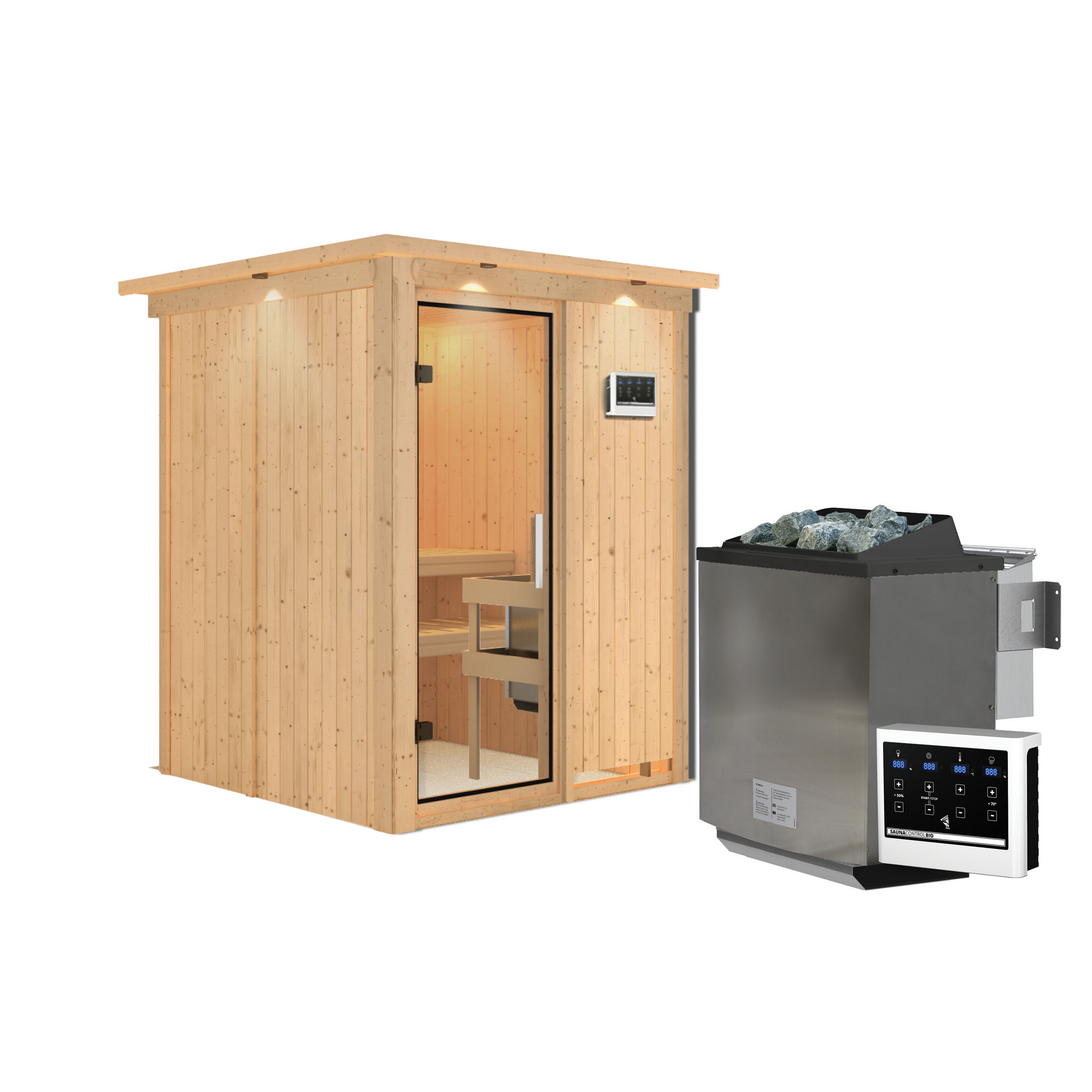 Elementsauna 'Abril' naturbelassen mit Klarglastür und Kranz 9 kW Bio-Ofen externe Steuerung easy 165 x 165 x 202 cm + product picture