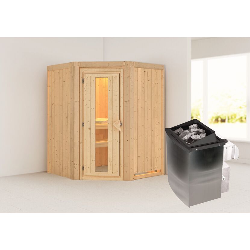 Elementsauna 'Adora' naturbelassen mit Energiespartür 9 kW Ofen integrierte Steuerung 151 x 151 x 198 cm