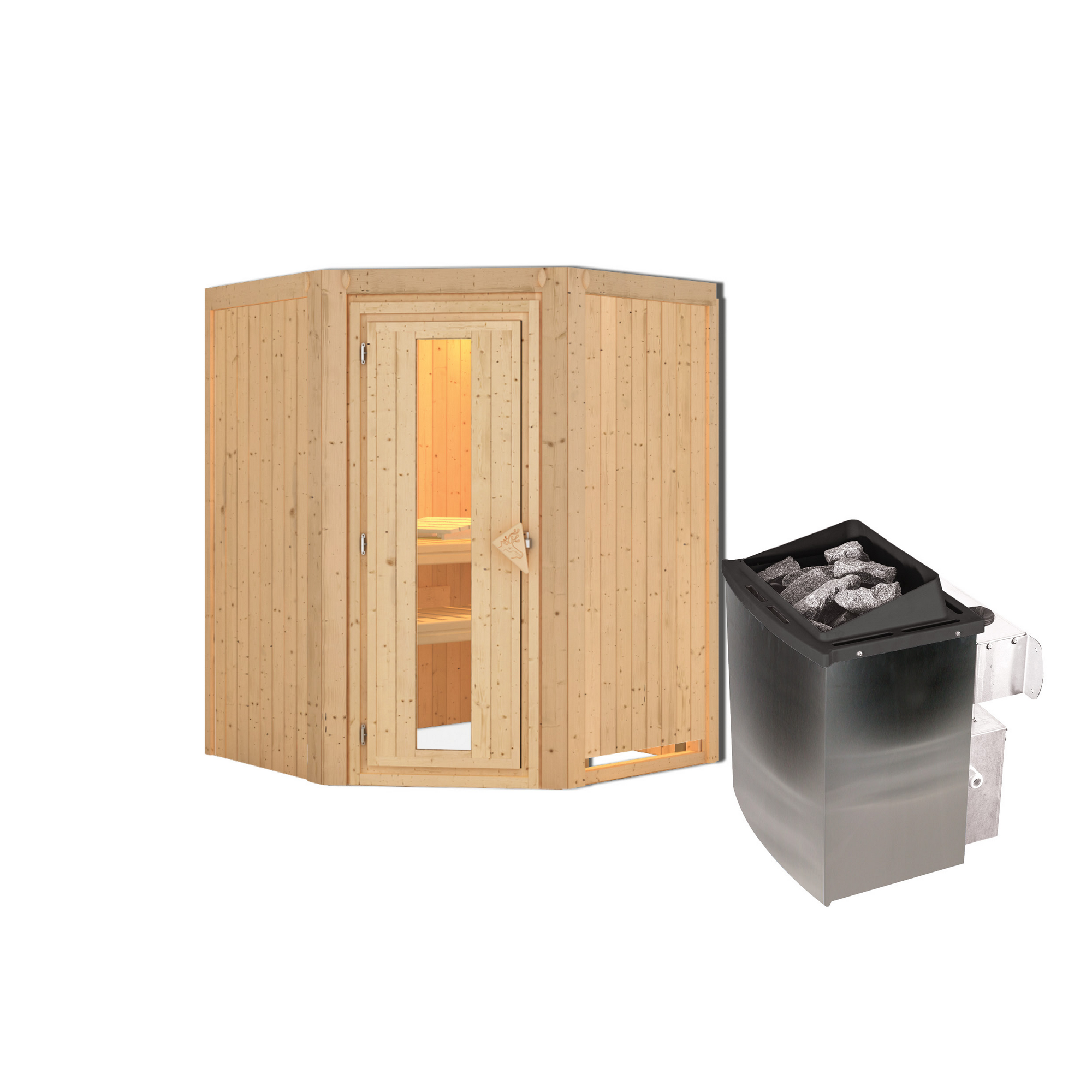 Elementsauna 'Adora' naturbelassen mit Energiespartür 9 kW Ofen integrierte Steuerung 151 x 151 x 198 cm