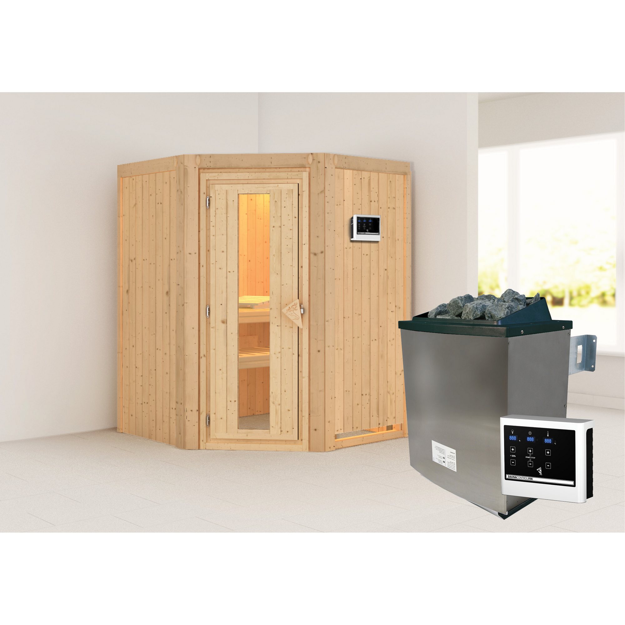 Elementsauna 'Adora' naturbelassen mit Energiespartür 9 kW Ofen externe Steuerung Easy 151 x 151 x 198 cm