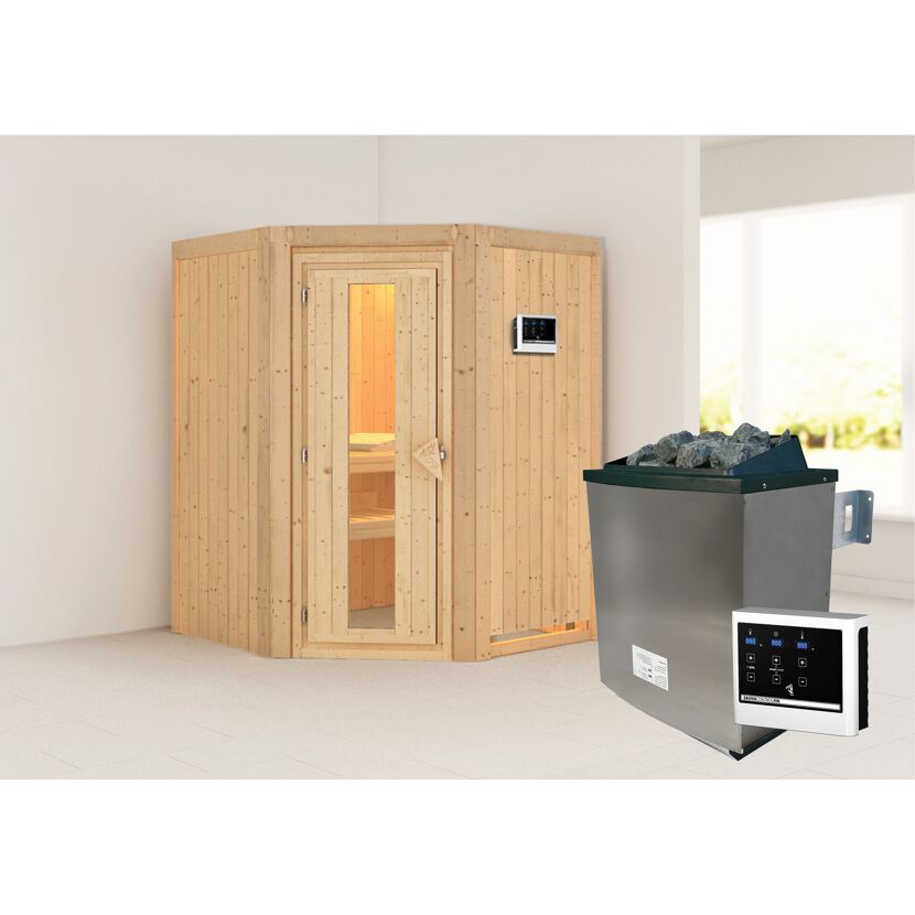 Elementsauna 'Adora' naturbelassen mit Energiespartür 9 kW Ofen externe Steuerung Easy 151 x 151 x 198 cm