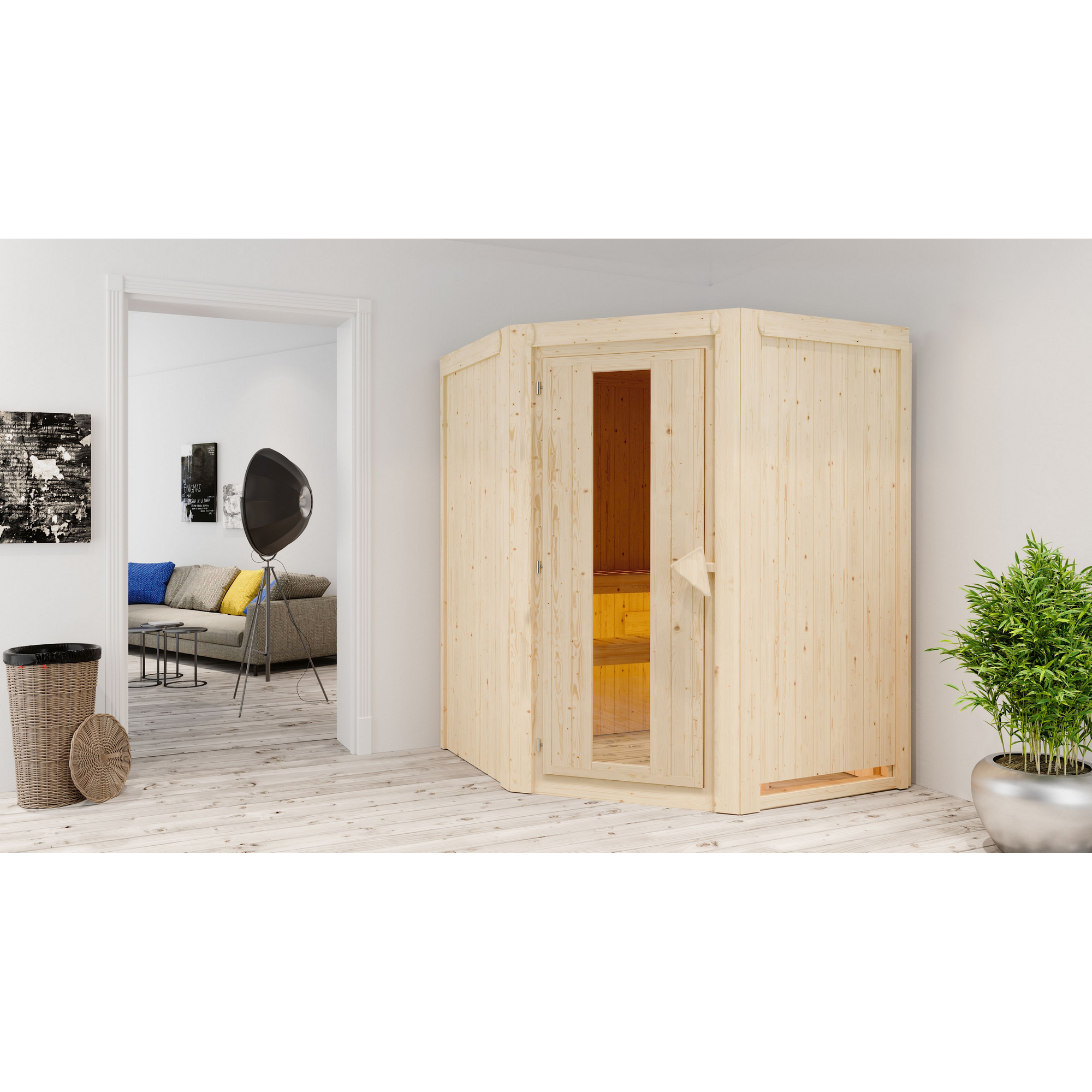Elementsauna 'Adora' naturbelassen mit Energiespartür 9 kW Bio-Ofen externe Steuerung Easy 151 x 151 x 198 cm