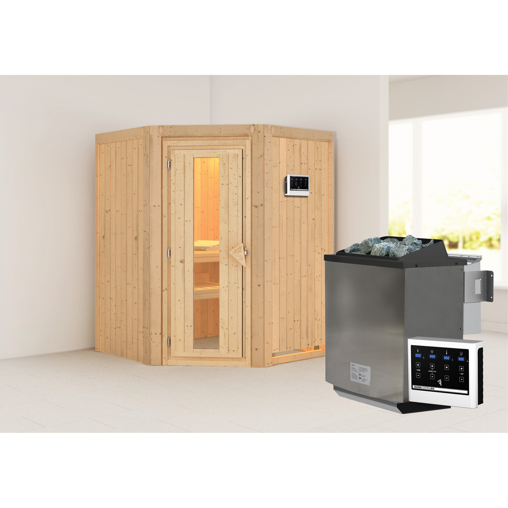 Elementsauna 'Adora' naturbelassen mit Energiespartür 9 kW Bio-Ofen externe Steuerung Easy 151 x 151 x 198 cm