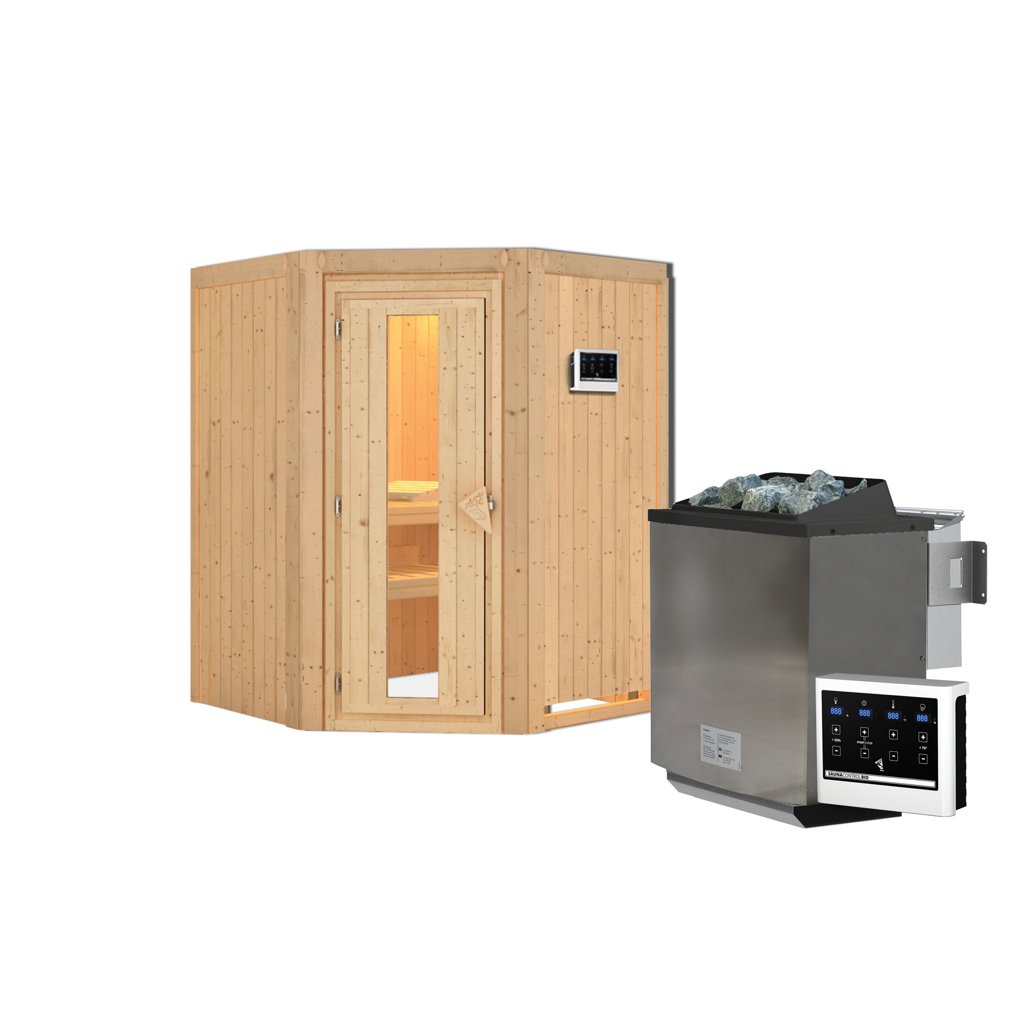 Elementsauna 'Adora' naturbelassen mit Energiespartür 9 kW Bio-Ofen externe Steuerung Easy 151 x 151 x 198 cm