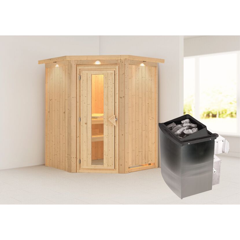Eck-Sauna aus hellem Holz mit Saunaofen