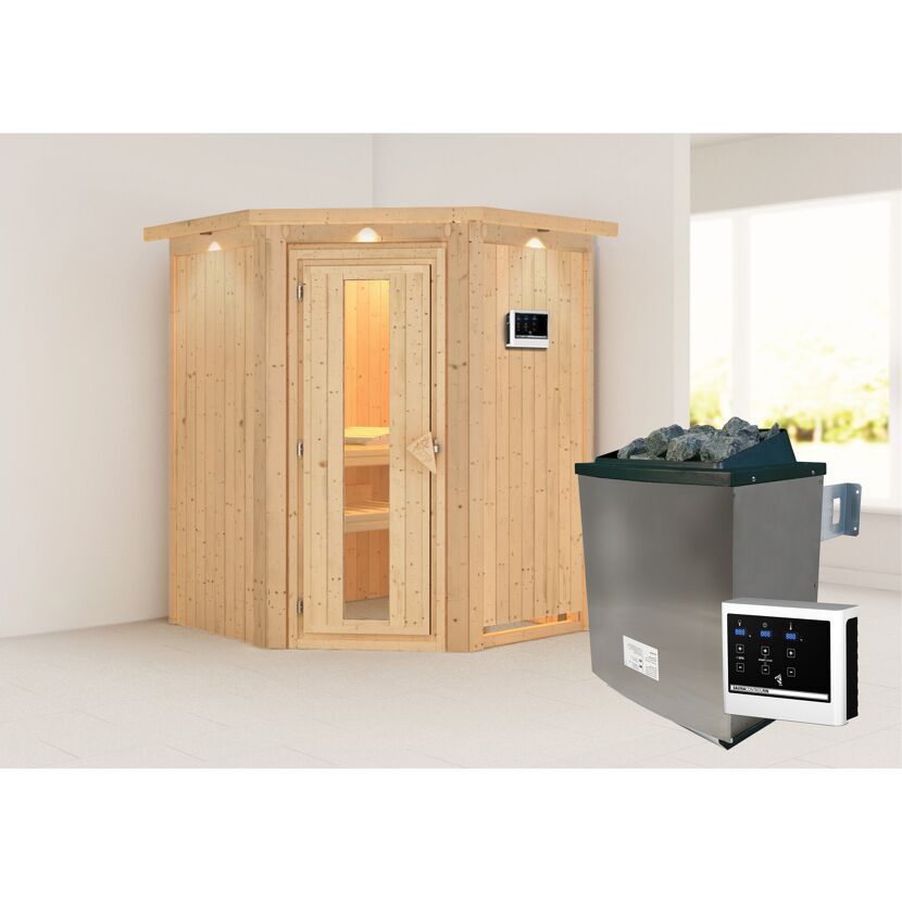 Ecksauna aus hellem Holz mit Saunaofen