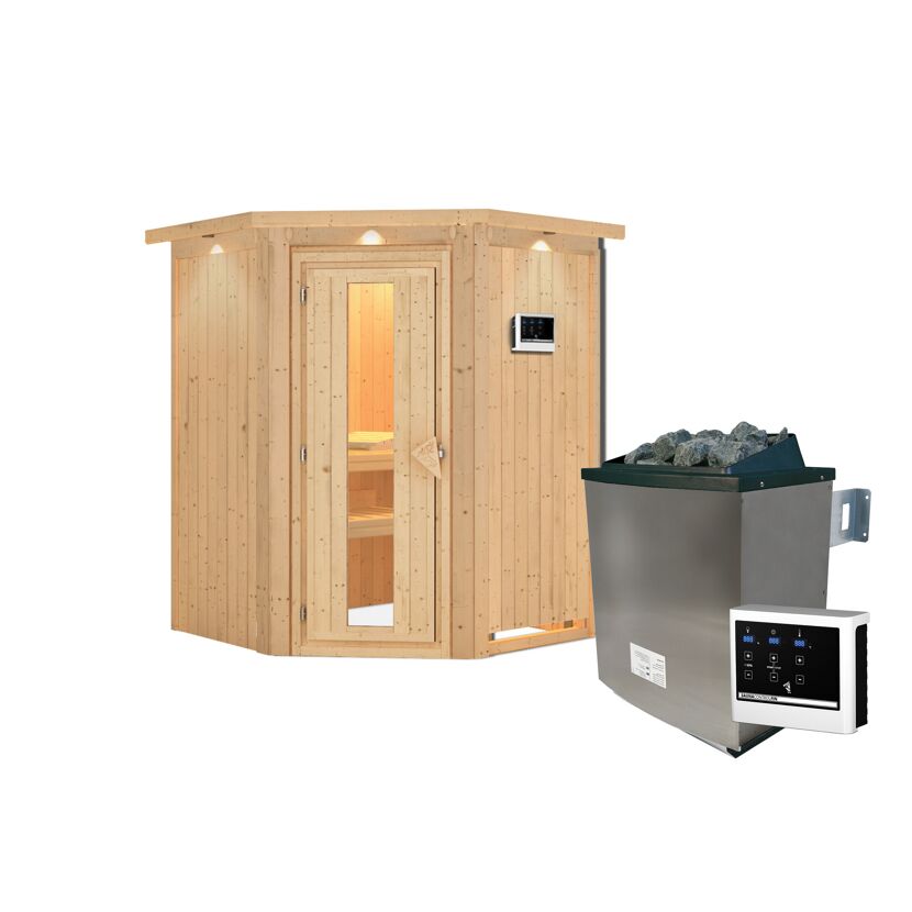 Eck-Sauna aus Holz mit Saunaofen
