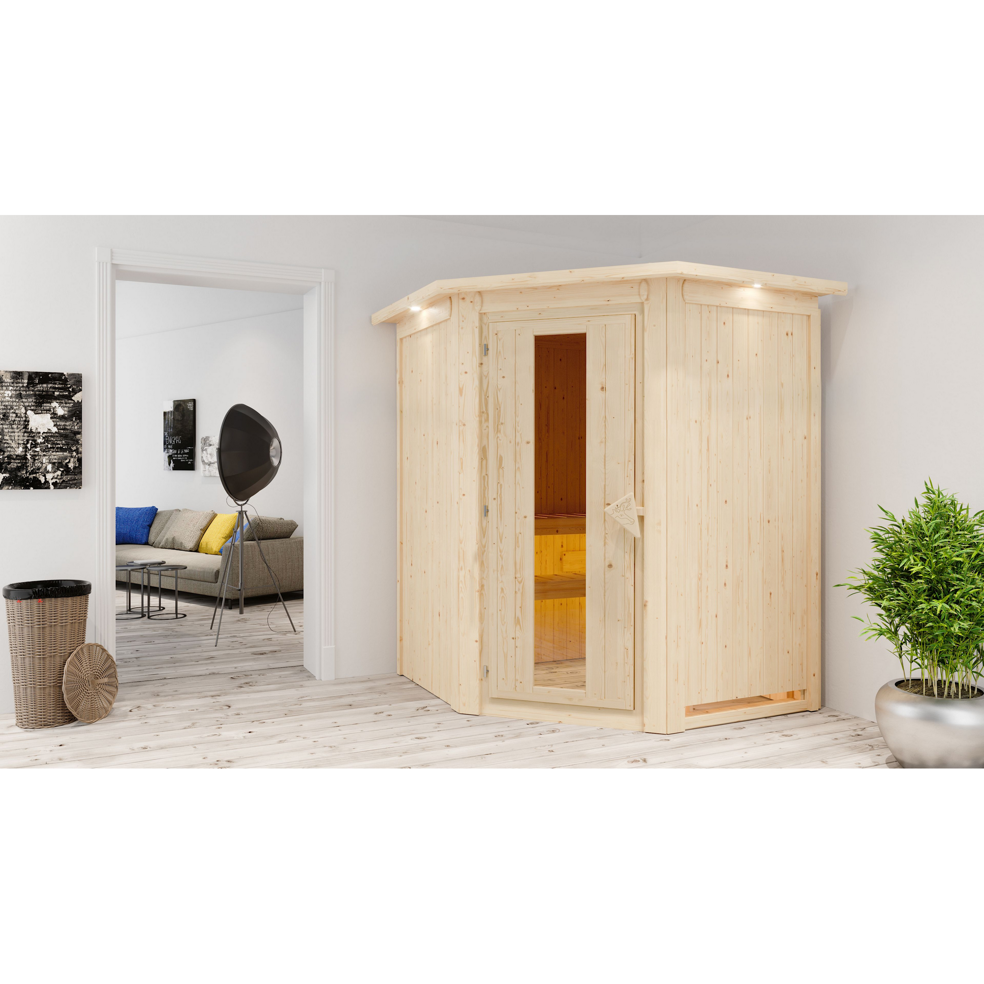 Elementsauna 'Adora' naturbelassen mit Energiespartür und Kranz 9 kW Bio-Ofen externe Steuerung Easy 165 x 165 x 202 cm + product picture