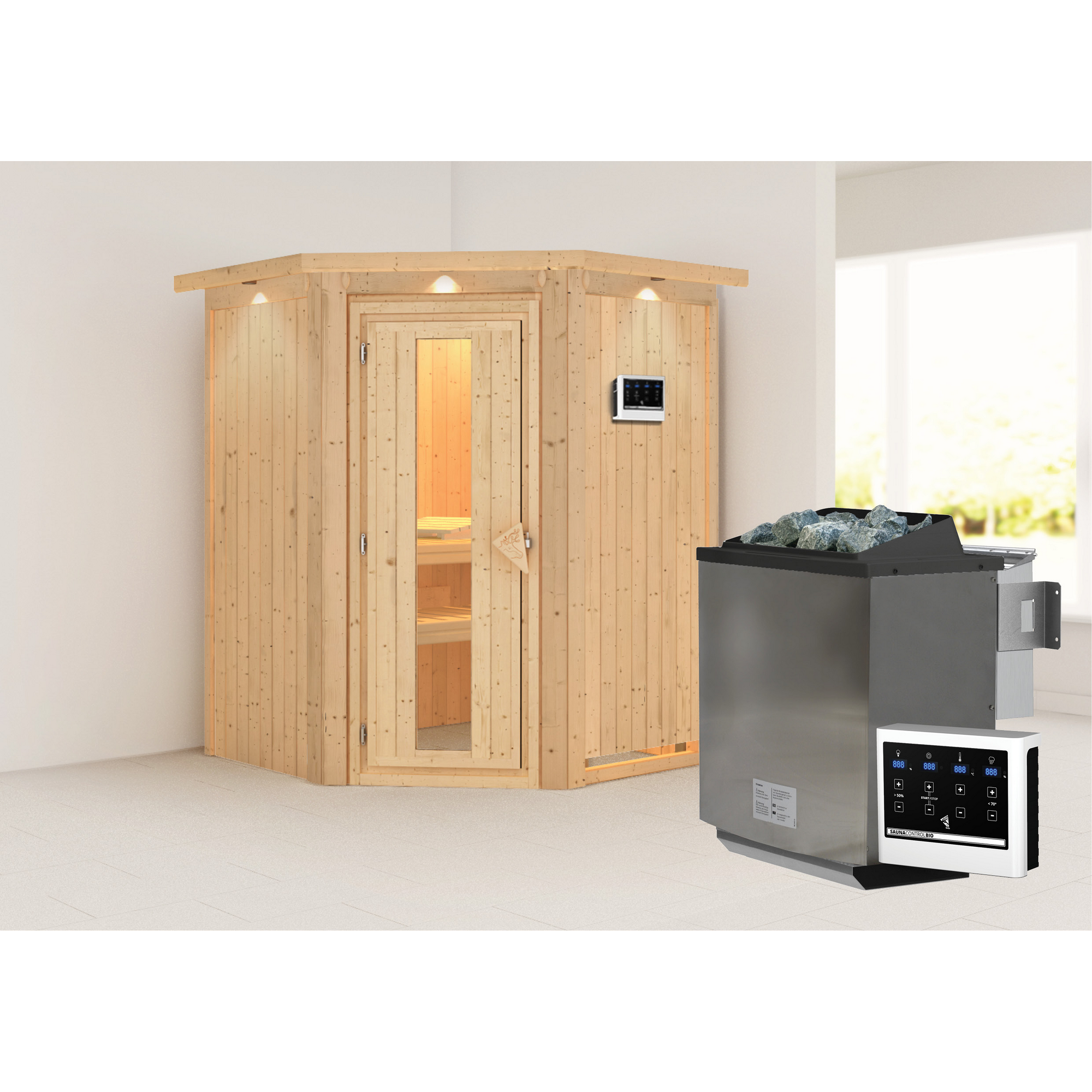 Elementsauna 'Adora' naturbelassen mit Energiespartür und Kranz 9 kW Bio-Ofen externe Steuerung Easy 165 x 165 x 202 cm + product picture