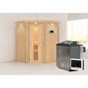 Ecksauna aus Holz mit Saunaofen