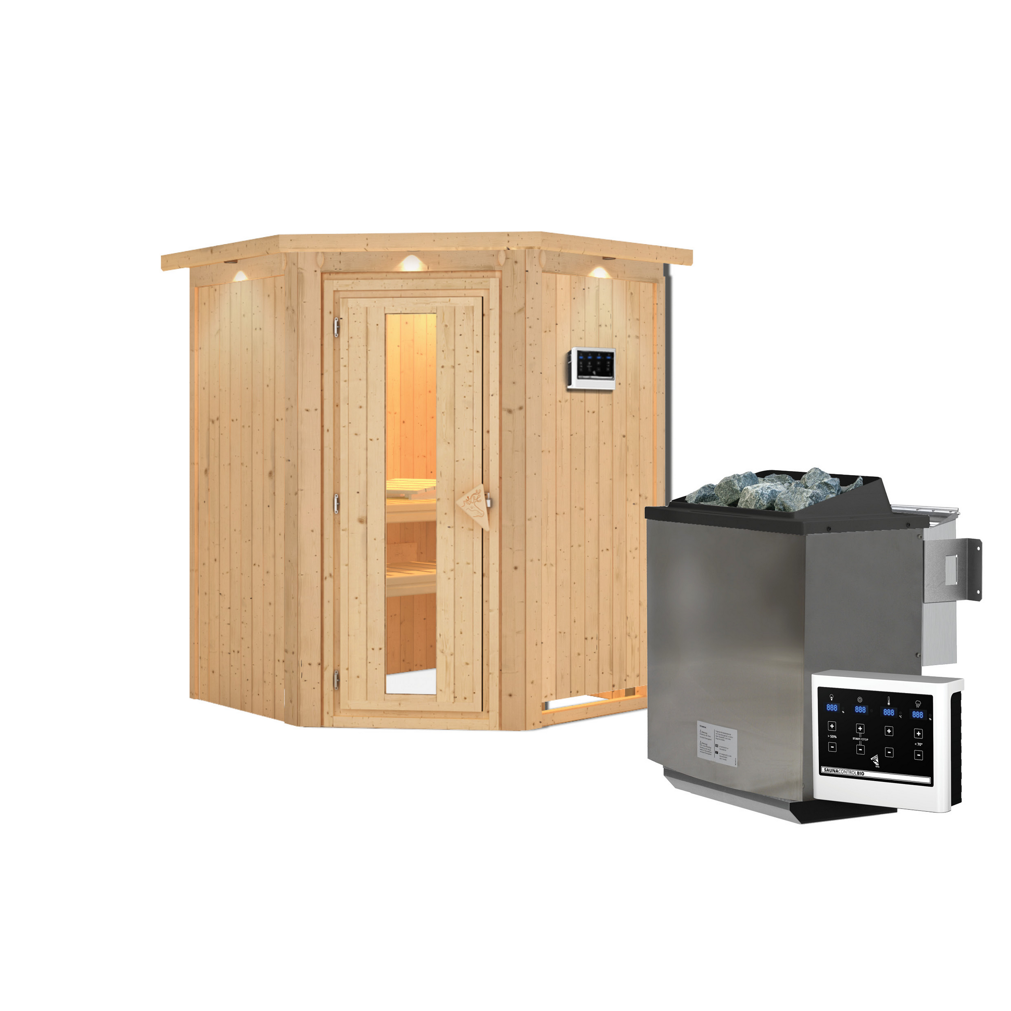 Elementsauna 'Adora' naturbelassen mit Energiespartür und Kranz 9 kW Bio-Ofen externe Steuerung Easy 165 x 165 x 202 cm + product picture