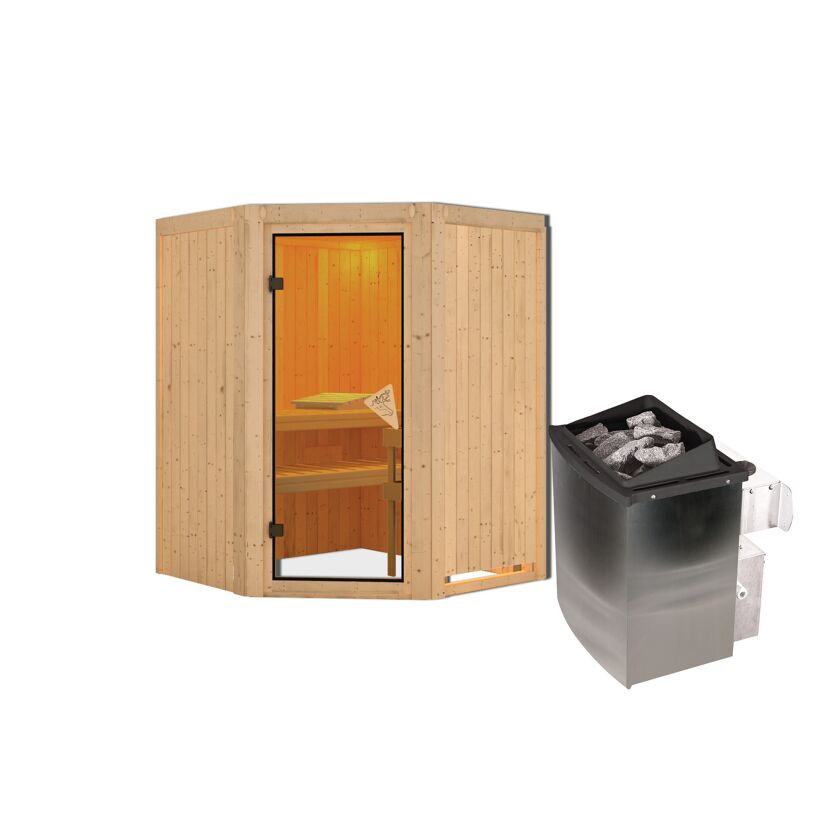 Ecksauna aus hellem Holz mit Saunaofen