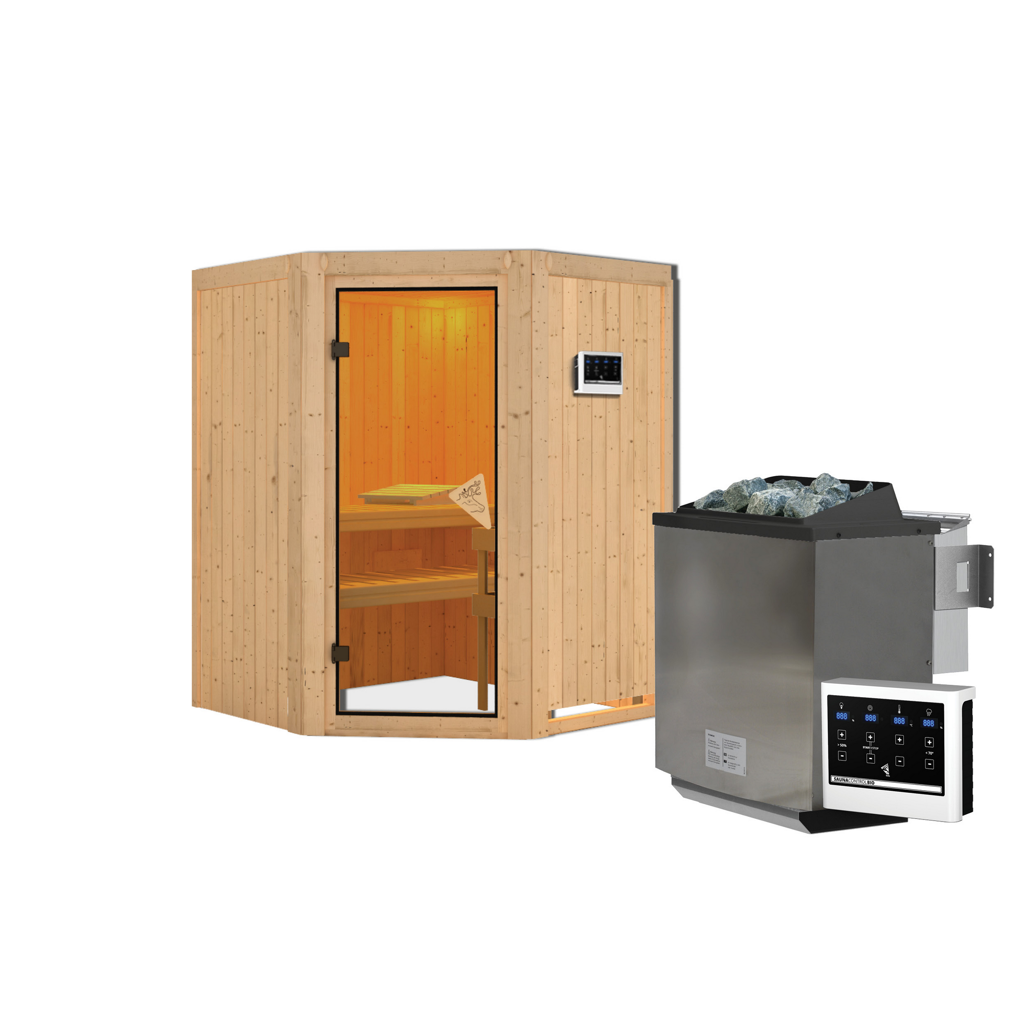 Ecksauna aus Holz mit Saunaofen und Steuerung