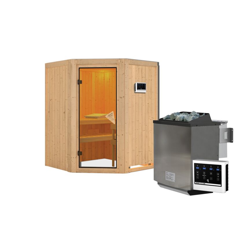 Ecksauna aus Holz mit Saunaofen und Steuerung
