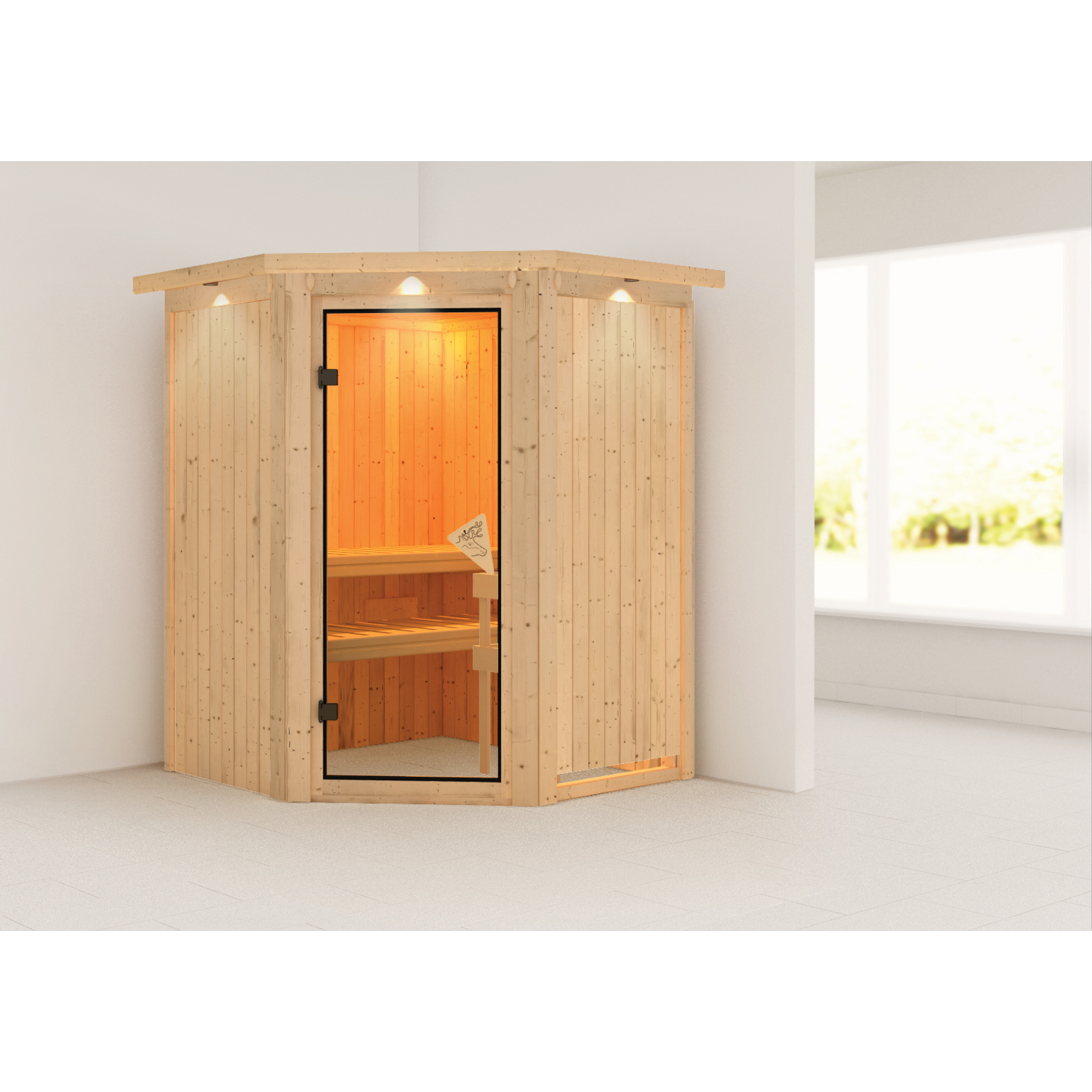 Elementsauna 'Adora' naturbelassen mit Kranz und bronzierter Tür 165 x 165 x 202 cm