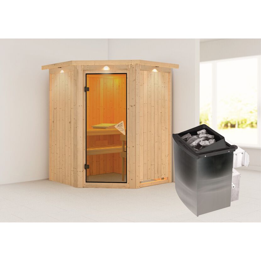 Elementsauna 'Adora' naturbelassen mit Kranz 9 kW Ofen integrierte Steuerung 165 x 165 x 202 cm