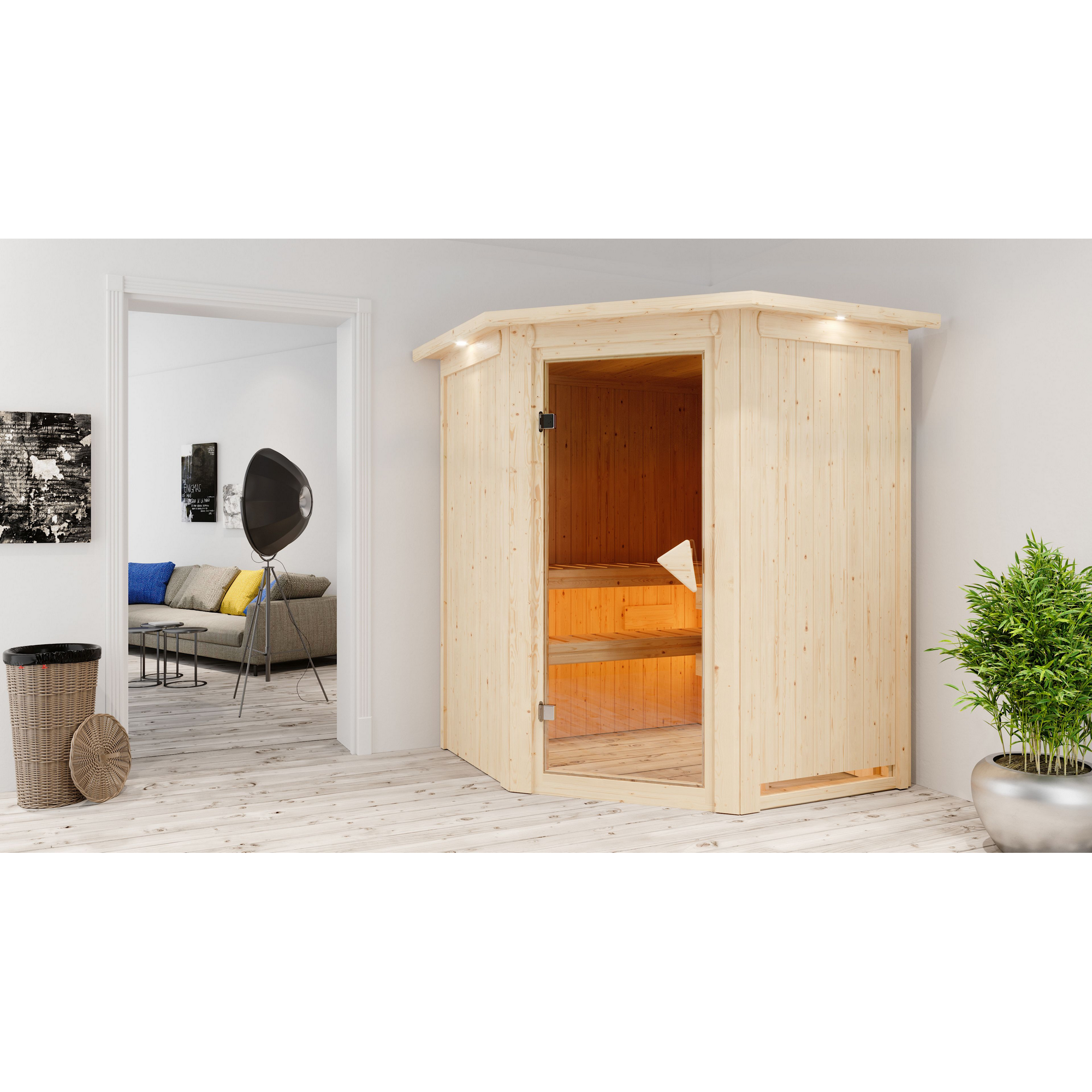 Elementsauna 'Adora' naturbelassen mit Kranz 9 kW Ofen Edelstahl externe Steuerung Easy 165 x 165 x 202 cm