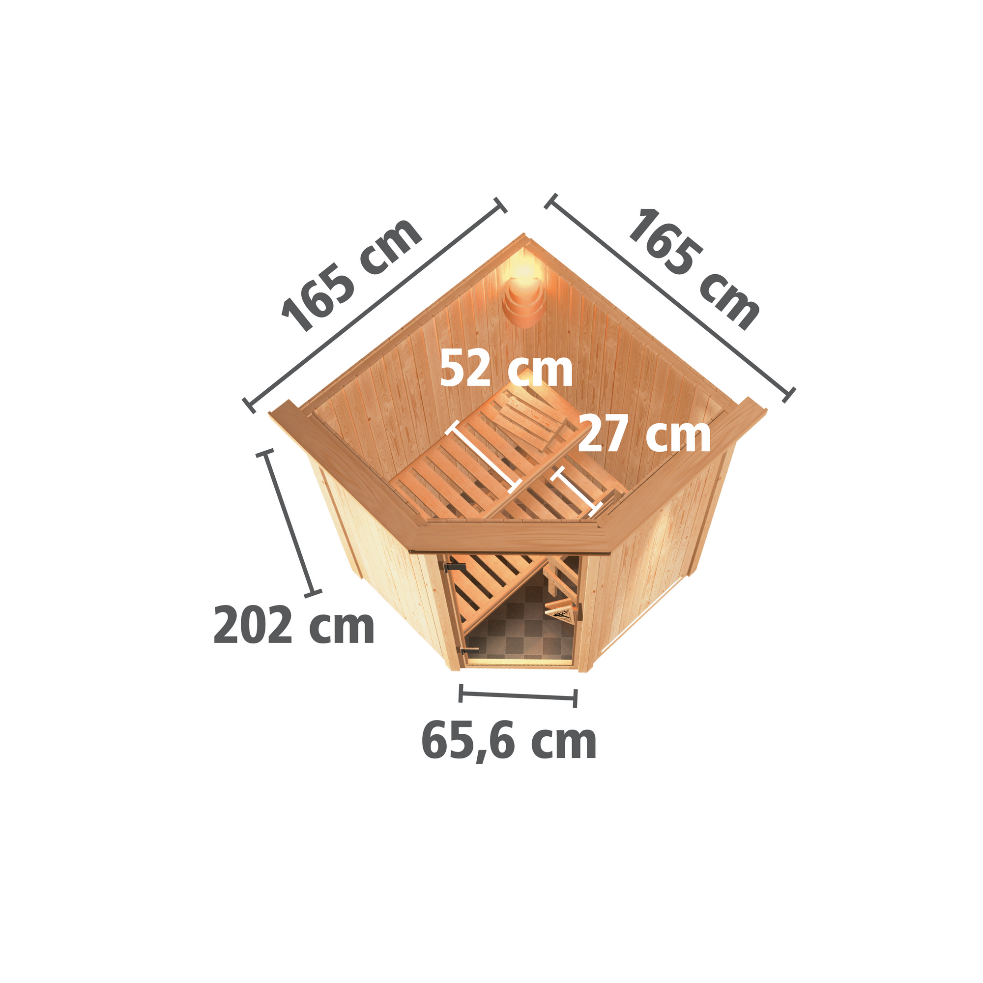 Elementsauna 'Adora' naturbelassen mit Kranz 9 kW Ofen Edelstahl externe Steuerung Easy 165 x 165 x 202 cm