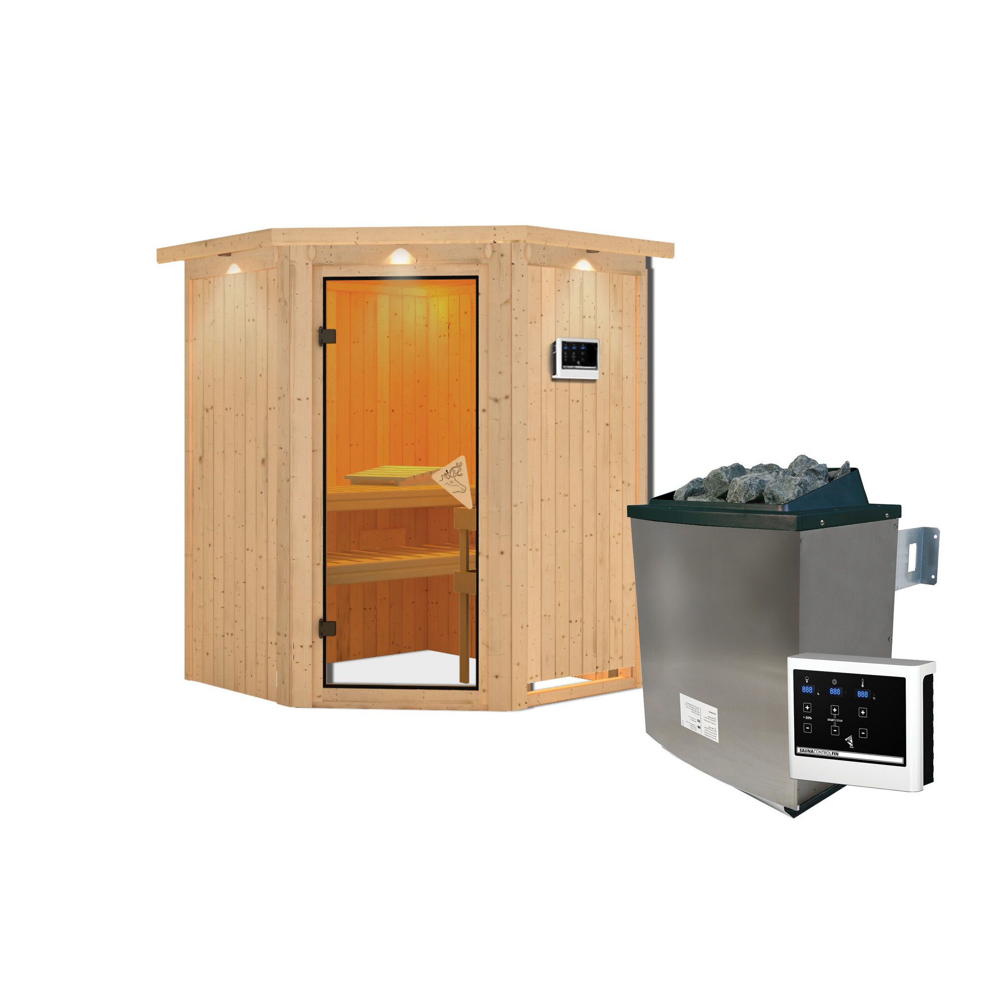 Elementsauna 'Adora' naturbelassen mit Kranz 9 kW Ofen Edelstahl externe Steuerung Easy 165 x 165 x 202 cm