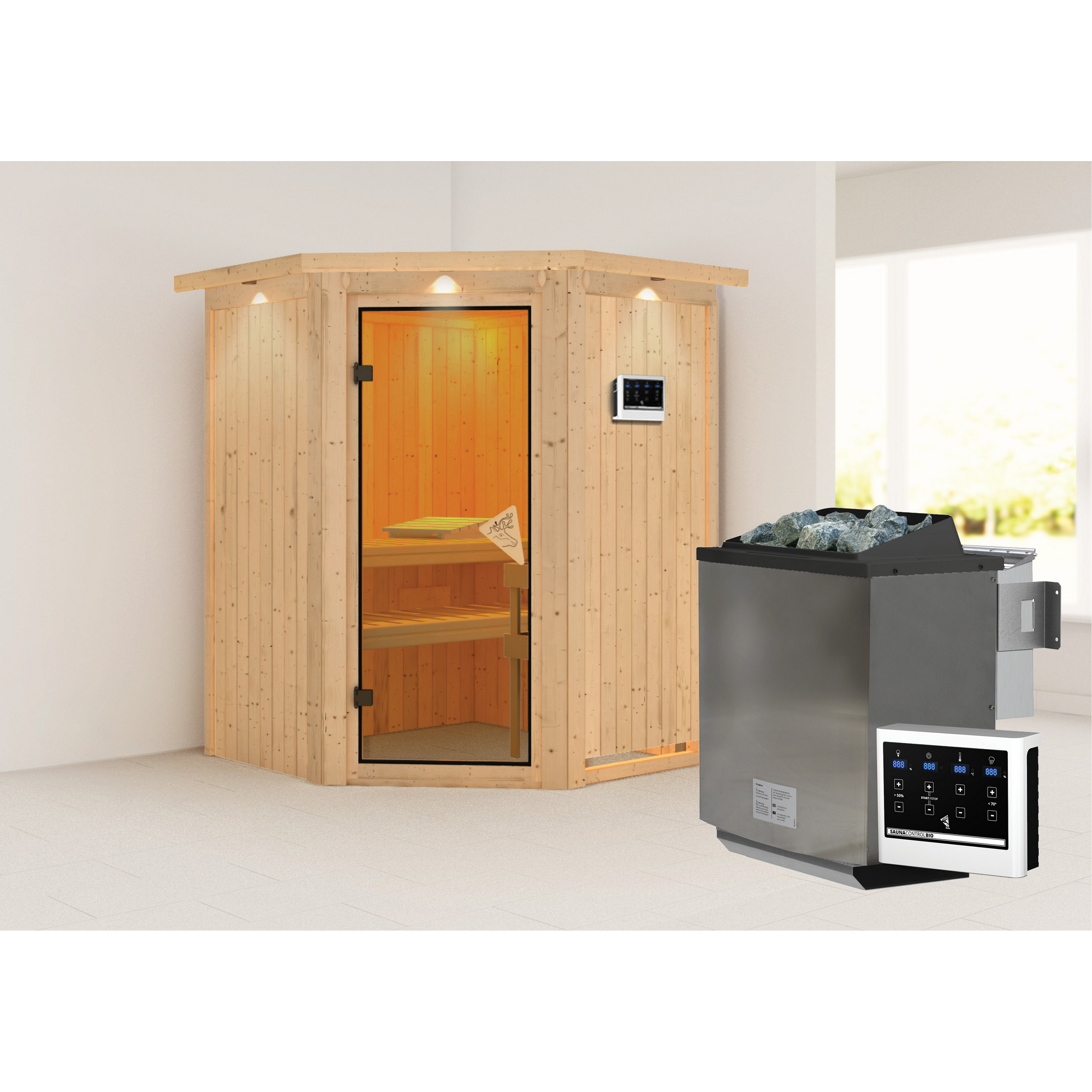 Elementsauna 'Adora' naturbelassen mit Kranz 9 kW Bio-Ofen externe Steuerung Easy 165 x 165 x 202 cm