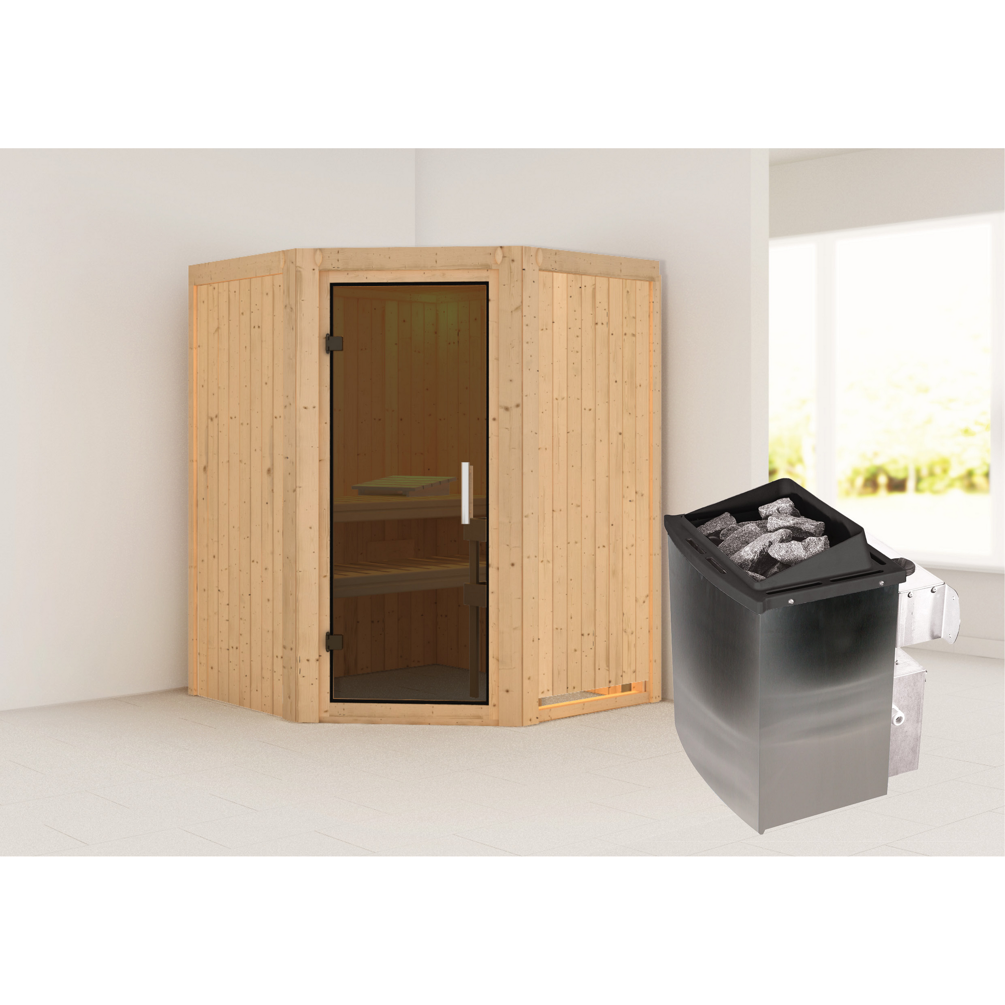Ecksauna aus Holz mit Saunaofen